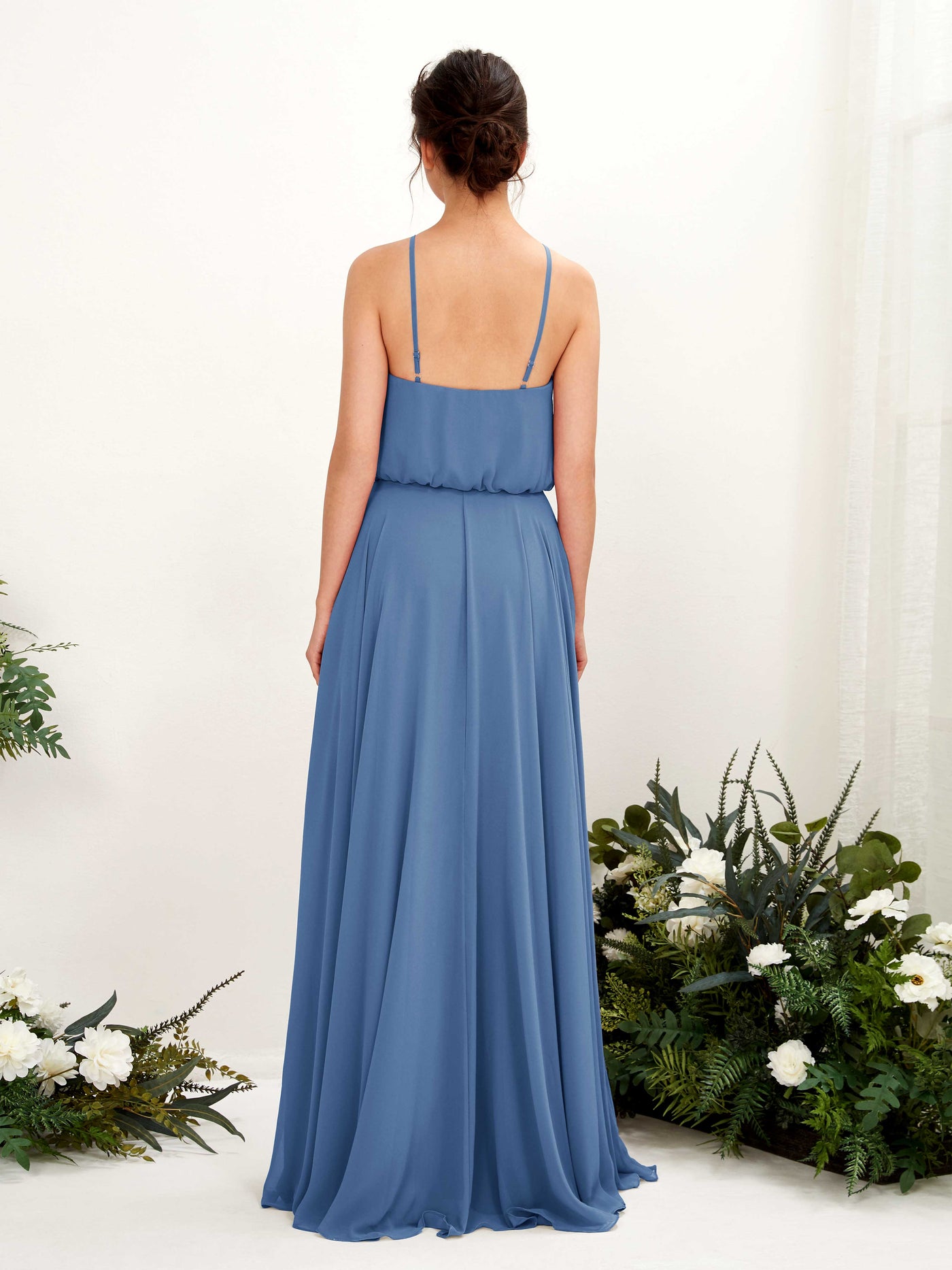 Carlyna Vestido línea A tirantes finos gasa hasta el suelo Azul polvoriento #color_azul-polvoriento