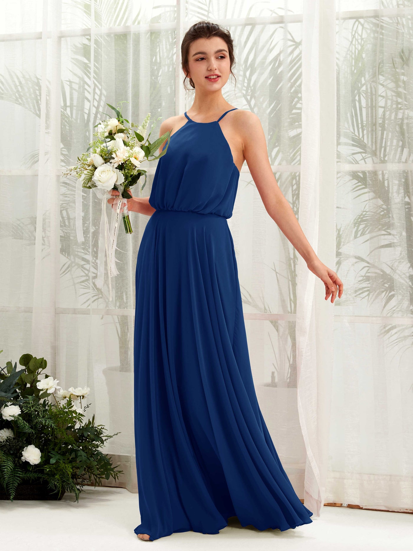 Carlyna Vestido línea A tirantes finos gasa hasta el suelo Azul Real #color_azul-real