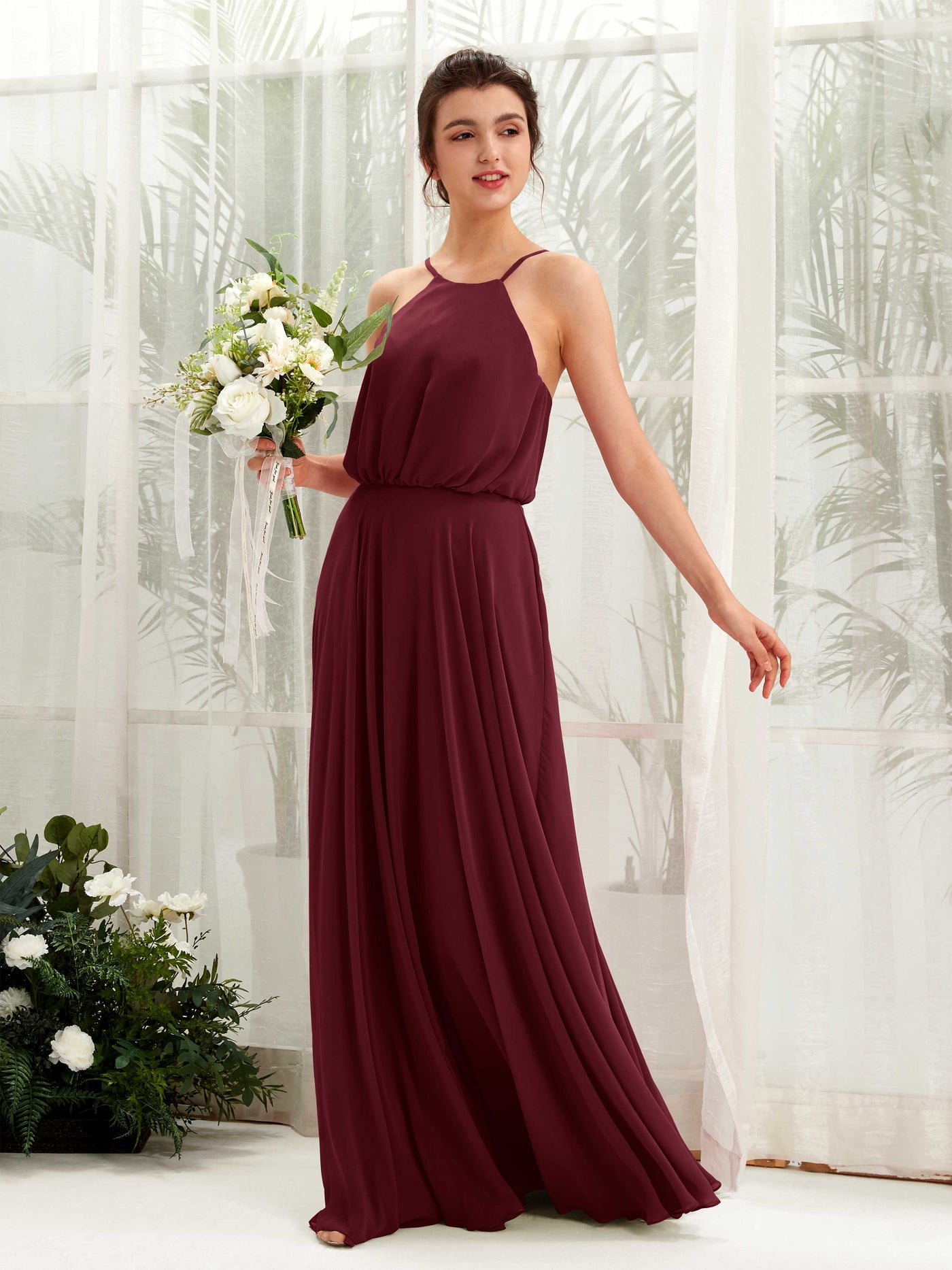 Carlyna Vestido línea A tirantes finos gasa hasta el suelo Borgoña #color_borgo-a