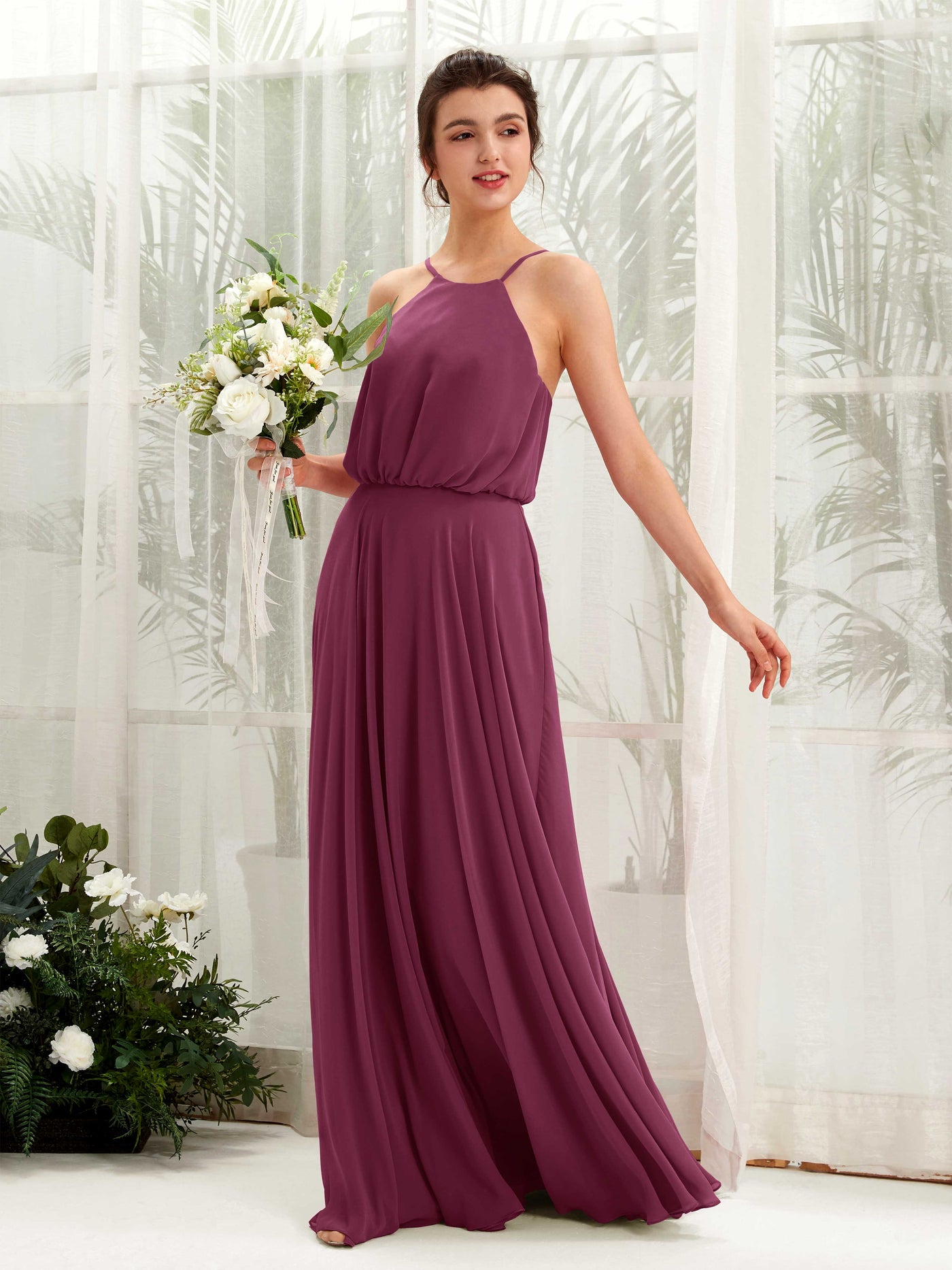 Carlyna Vestido línea A tirantes finos gasa hasta el suelo Chianti #color_chianti