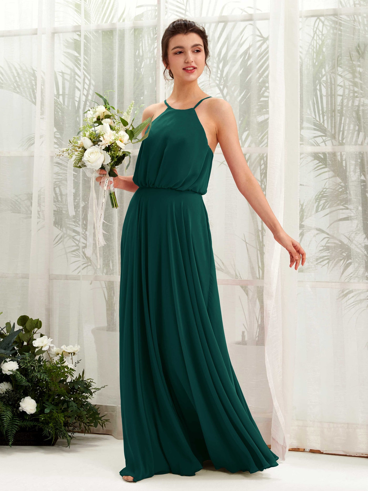 Carlyna Vestido línea A tirantes finos gasa hasta el suelo Esmeralda Oscuro #color_esmeralda-oscuro