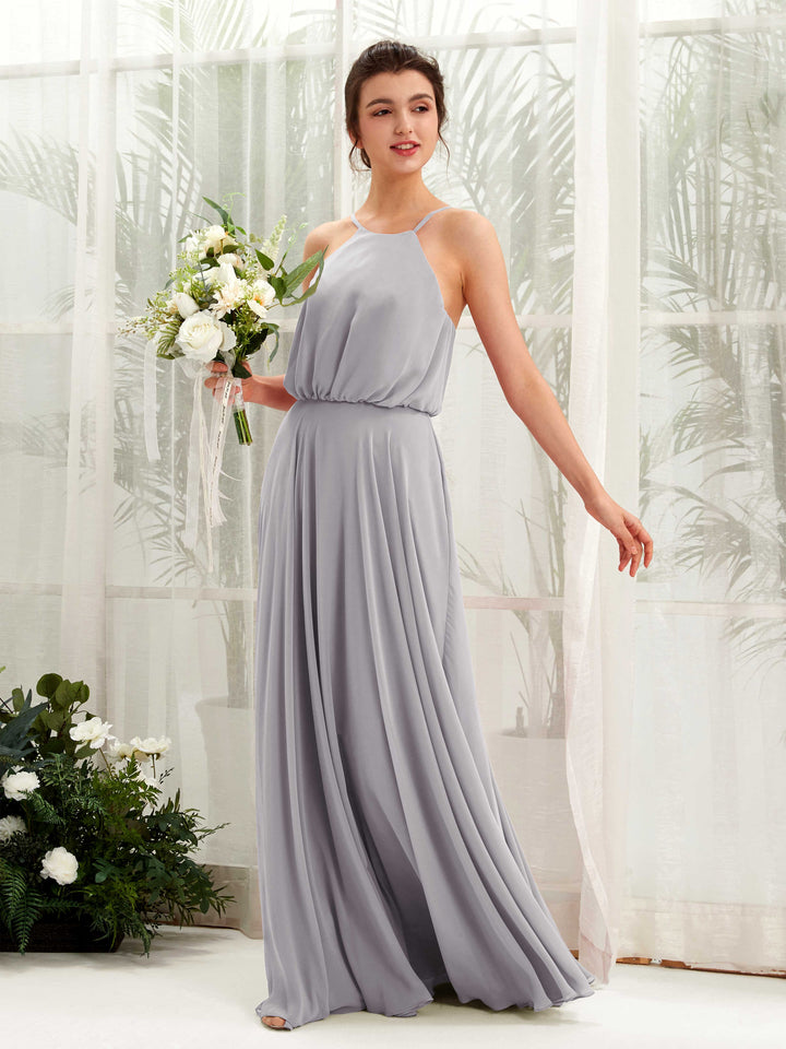 Carlyna Vestido línea A tirantes finos gasa hasta el suelo Gris Paloma 