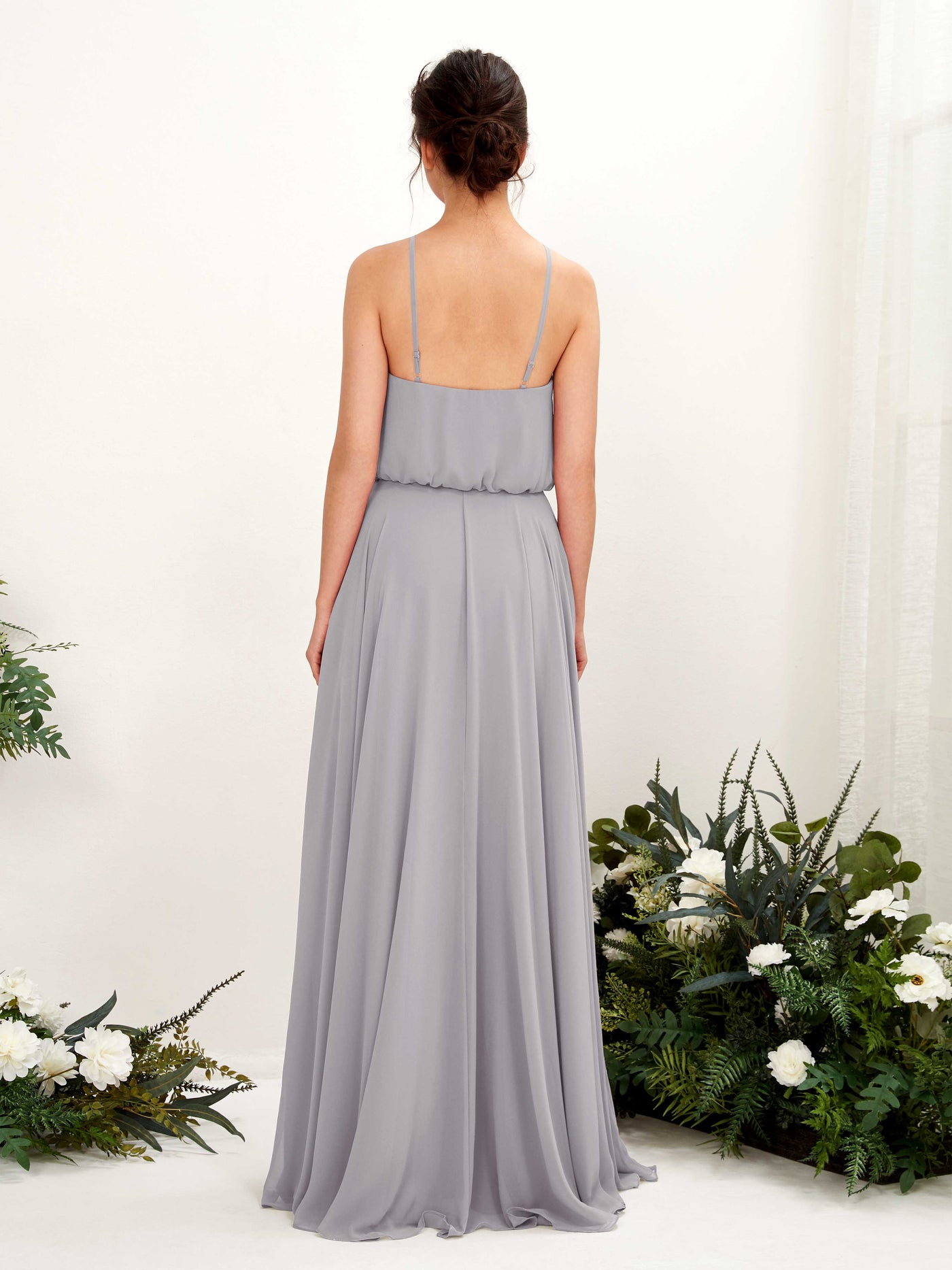 Carlyna Vestido línea A tirantes finos gasa hasta el suelo Gris Paloma #color_gris-paloma