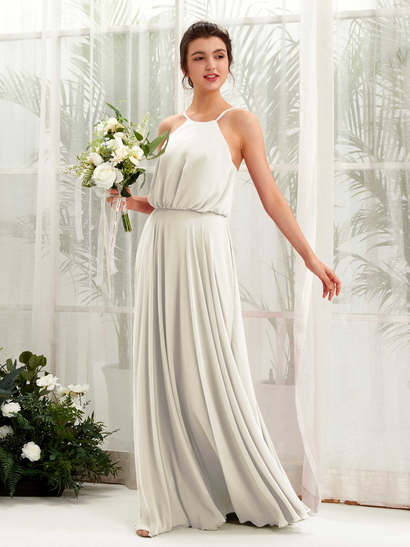 Carlyna Vestido línea A tirantes finos gasa hasta el suelo Marfil #color_marfil