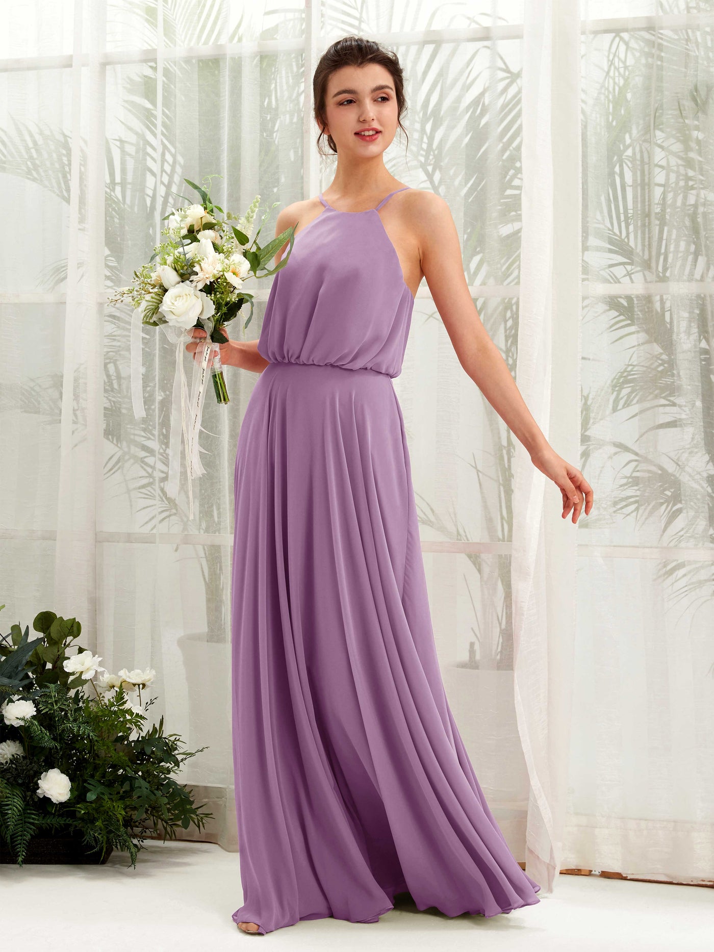 Carlyna Vestido línea A tirantes finos gasa hasta el suelo Niebla Orquídea #color_niebla-orqu-dea