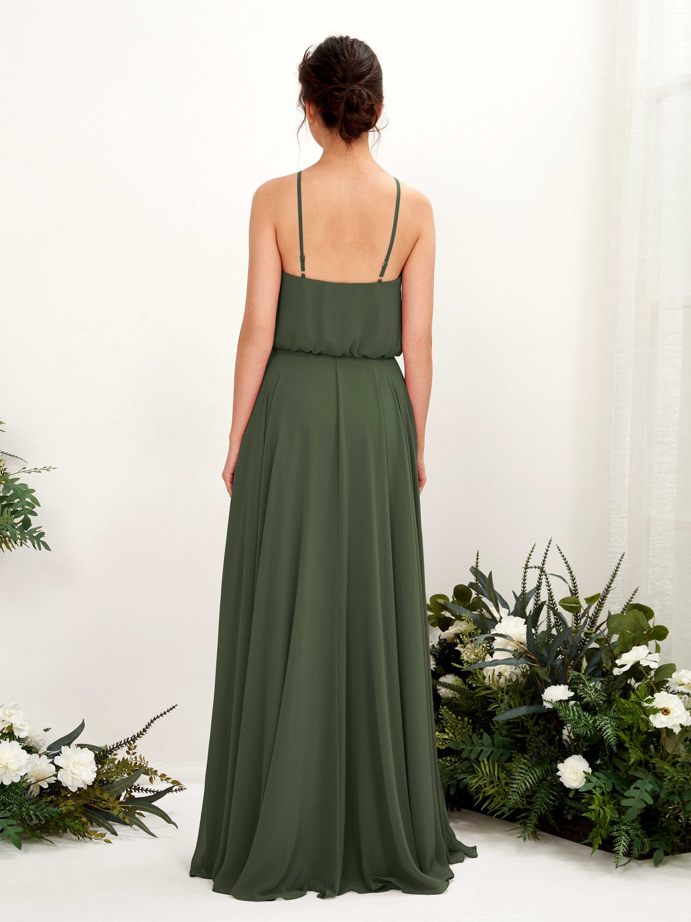 Carlyna Vestido línea A tirantes finos gasa hasta el suelo Oliva Martini #color_oliva-martini