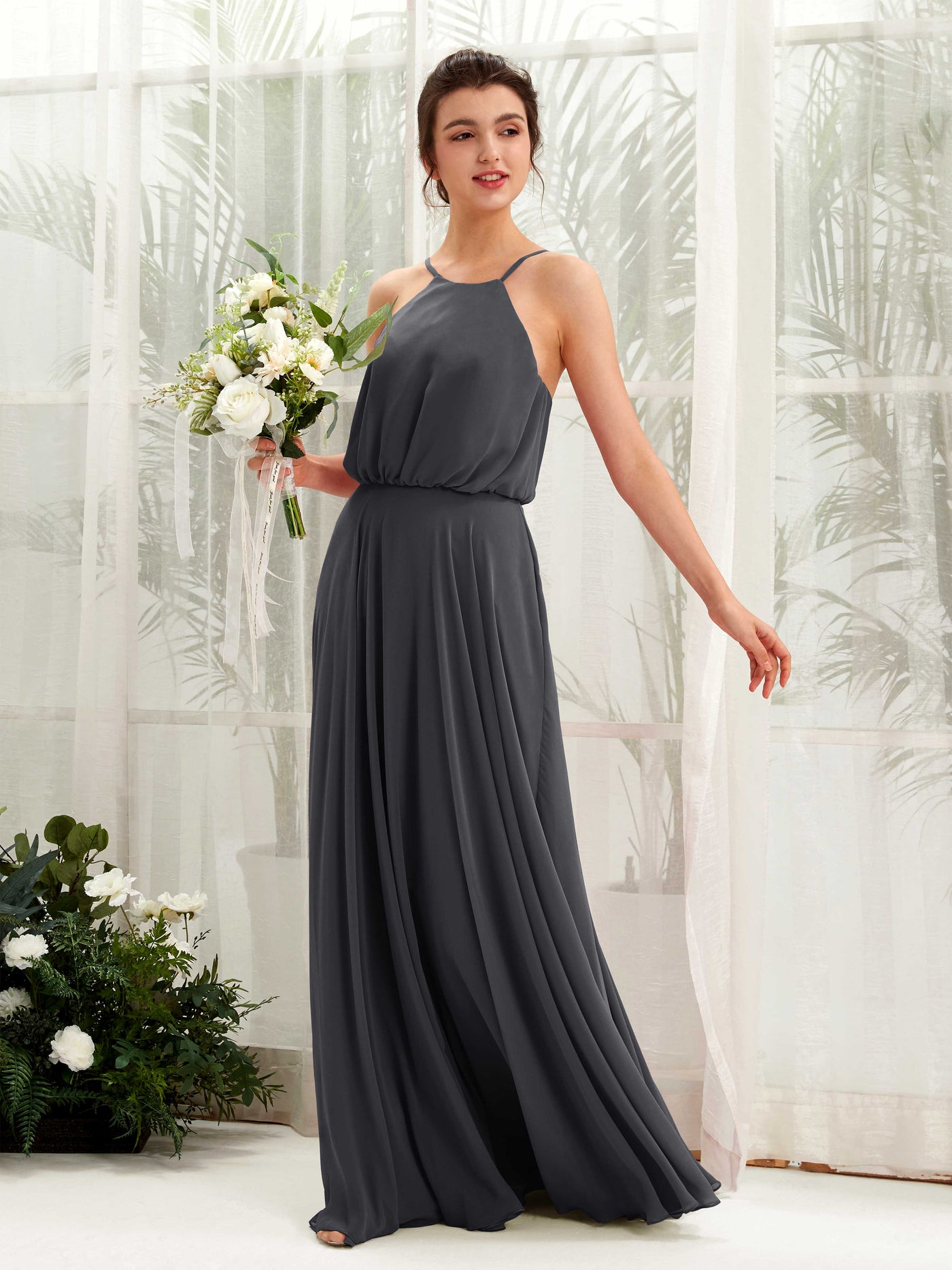 Carlyna Vestido línea A tirantes finos gasa hasta el suelo Peltre #color_peltre