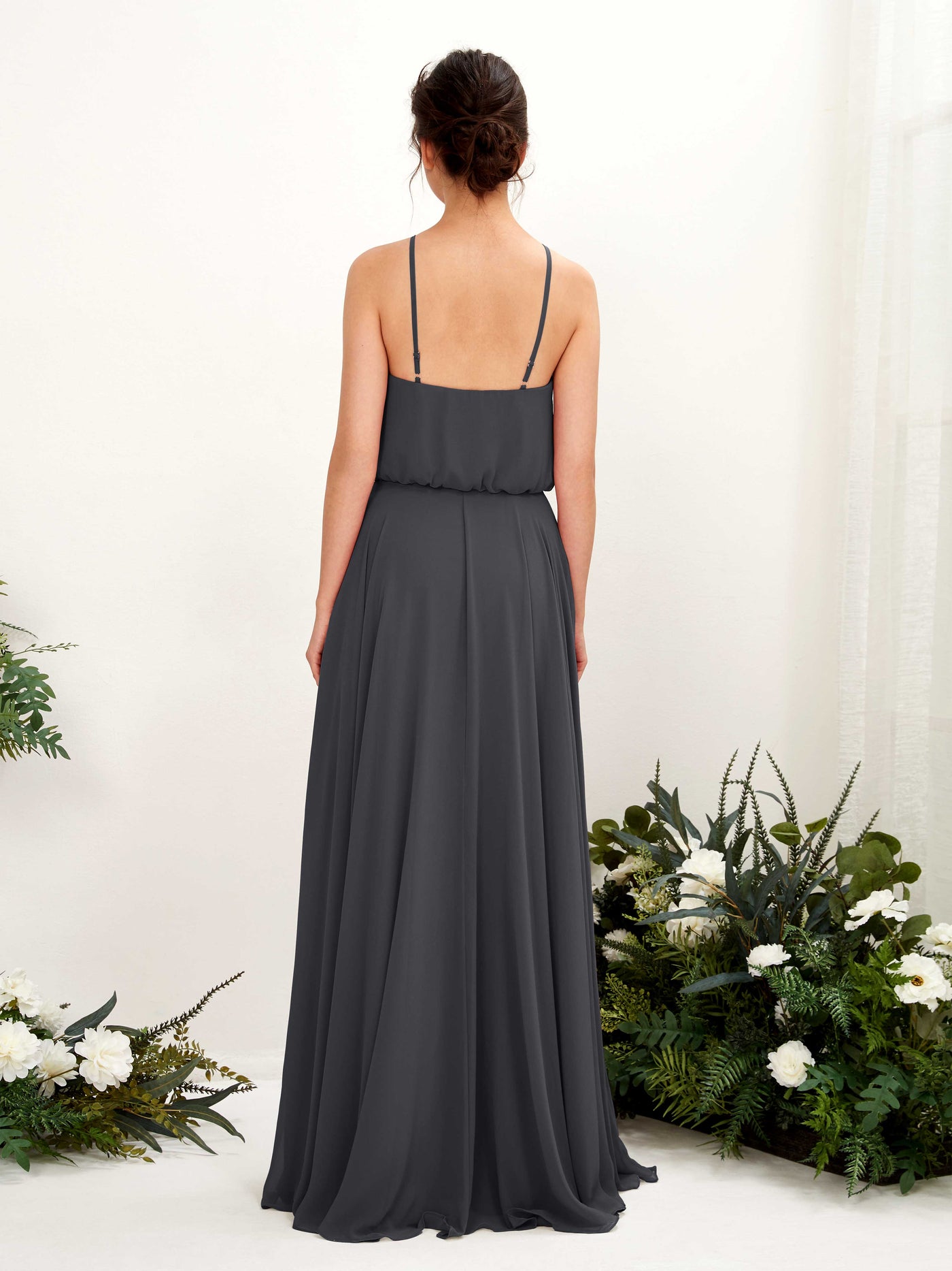 Carlyna Vestido línea A tirantes finos gasa hasta el suelo Peltre #color_peltre