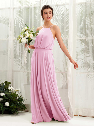 Carlyna Vestido línea A tirantes finos gasa hasta el suelo Rosa Caramelo #color_rosa-caramelo