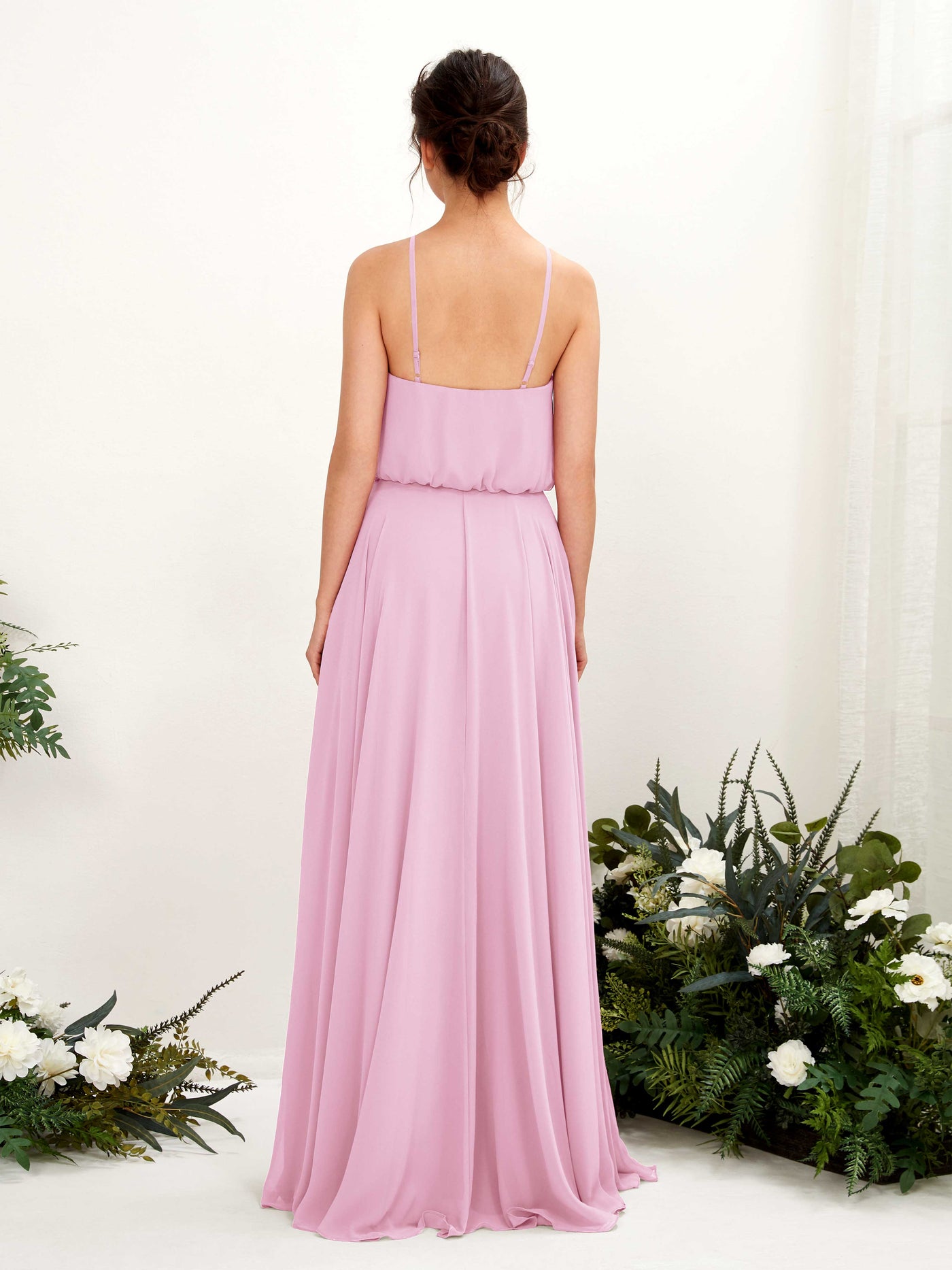 Carlyna Vestido línea A tirantes finos gasa hasta el suelo Rosa Caramelo #color_rosa-caramelo