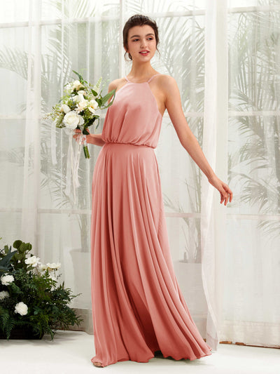 Carlyna Vestido línea A tirantes finos gasa hasta el suelo Rosa Champán #color_rosa-champ-n
