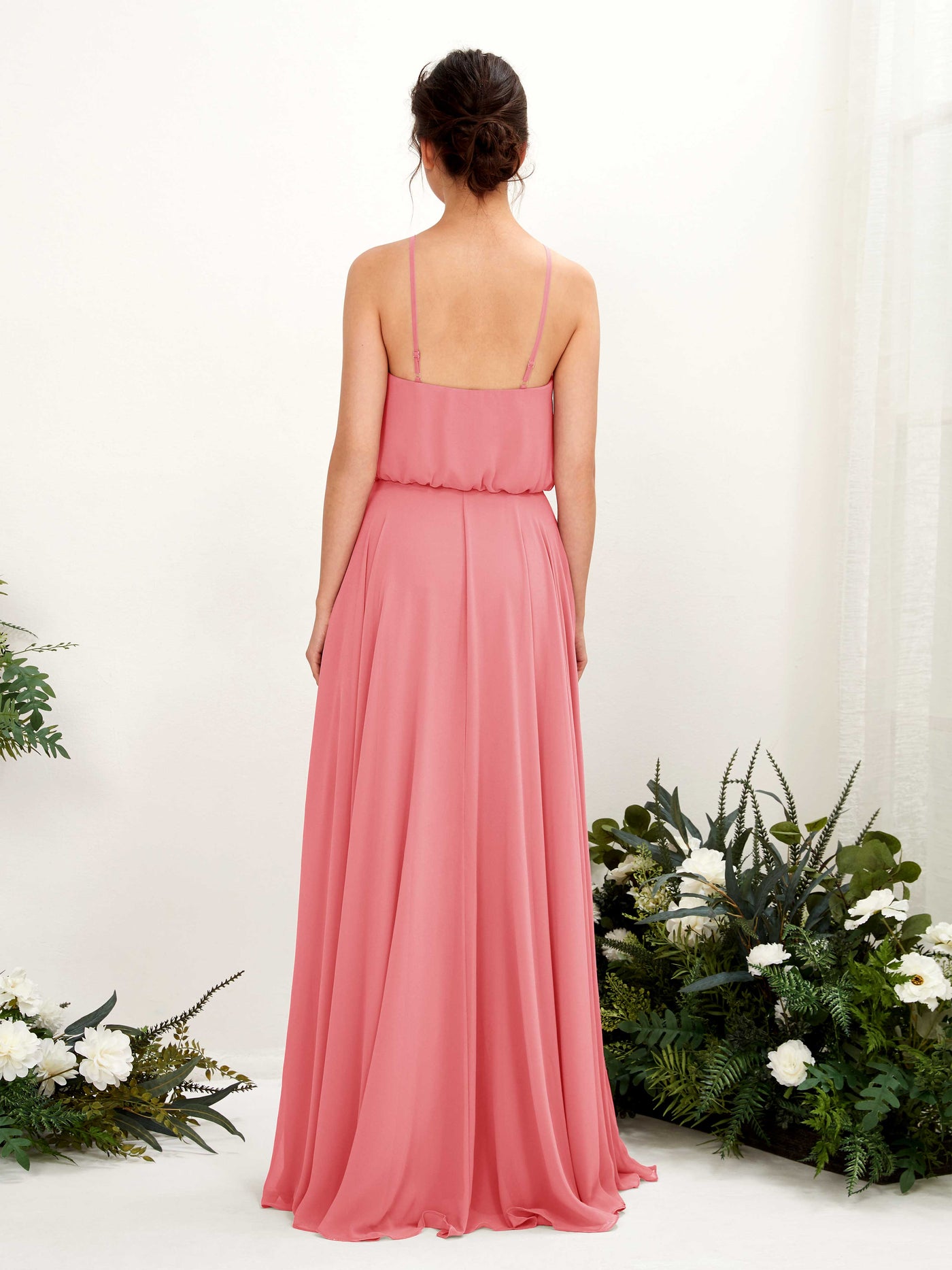 Carlyna Vestido línea A tirantes finos gasa hasta el suelo Rosa Coral #color_rosa-coral