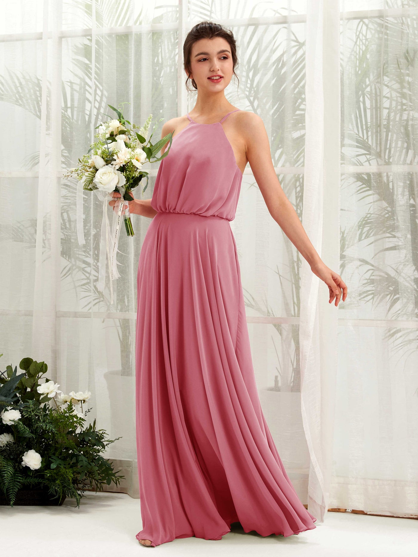 Carlyna Vestido línea A tirantes finos gasa hasta el suelo Rosa Del Desierto #color_rosa-del-desierto