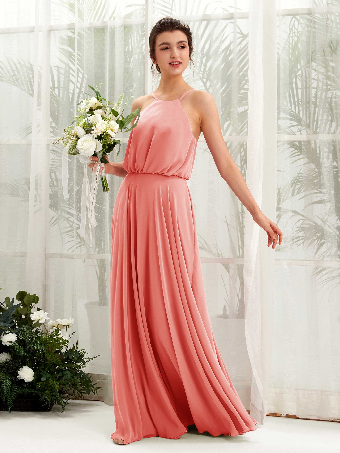 Carlyna Vestido línea A tirantes finos gasa hasta el suelo Rosa Melocotón #color_rosa-melocot-n