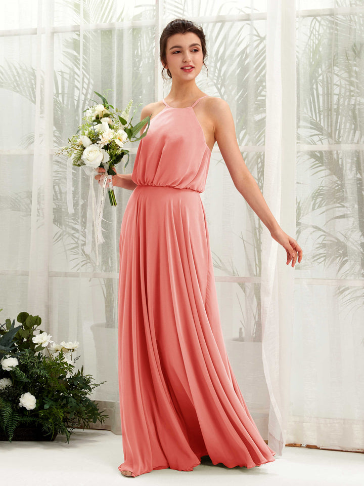 Carlyna Vestido línea A tirantes finos gasa hasta el suelo Rosa Melocotón 