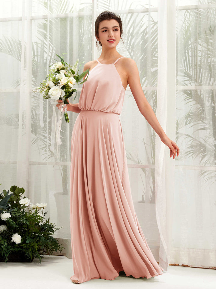Carlyna Vestido línea A tirantes finos gasa hasta el suelo Rosa Perla 