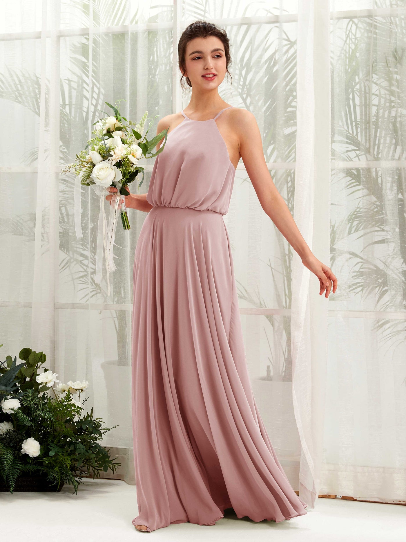 Carlyna Vestido línea A tirantes finos gasa hasta el suelo Rosa Polvorienta #color_rosa-polvorienta
