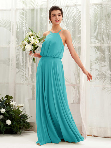 Carlyna Vestido línea A tirantes finos gasa hasta el suelo Turquesa #color_turquesa