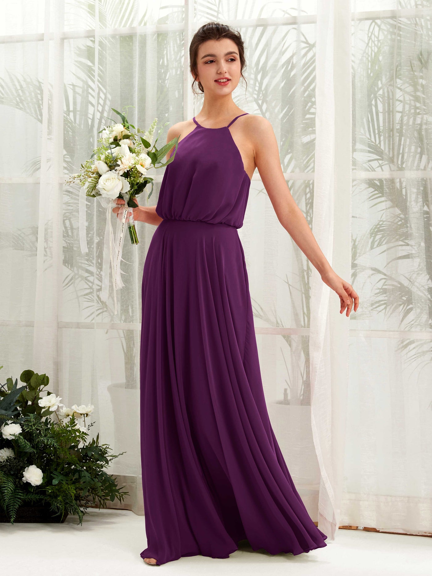 Carlyna Vestido línea A tirantes finos gasa hasta el suelo Uva #color_uva