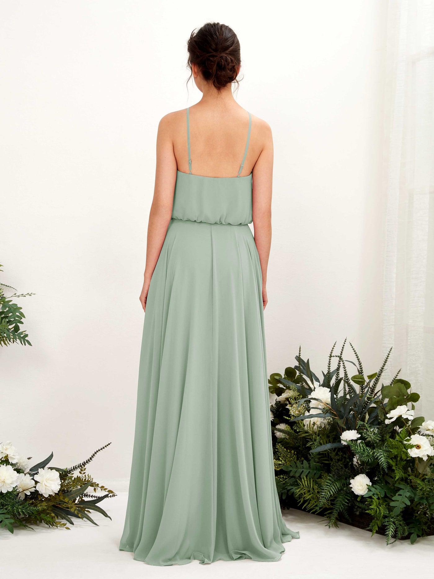 Carlyna Vestido línea A tirantes finos gasa hasta el suelo Verde Salvia #color_verde-salvia