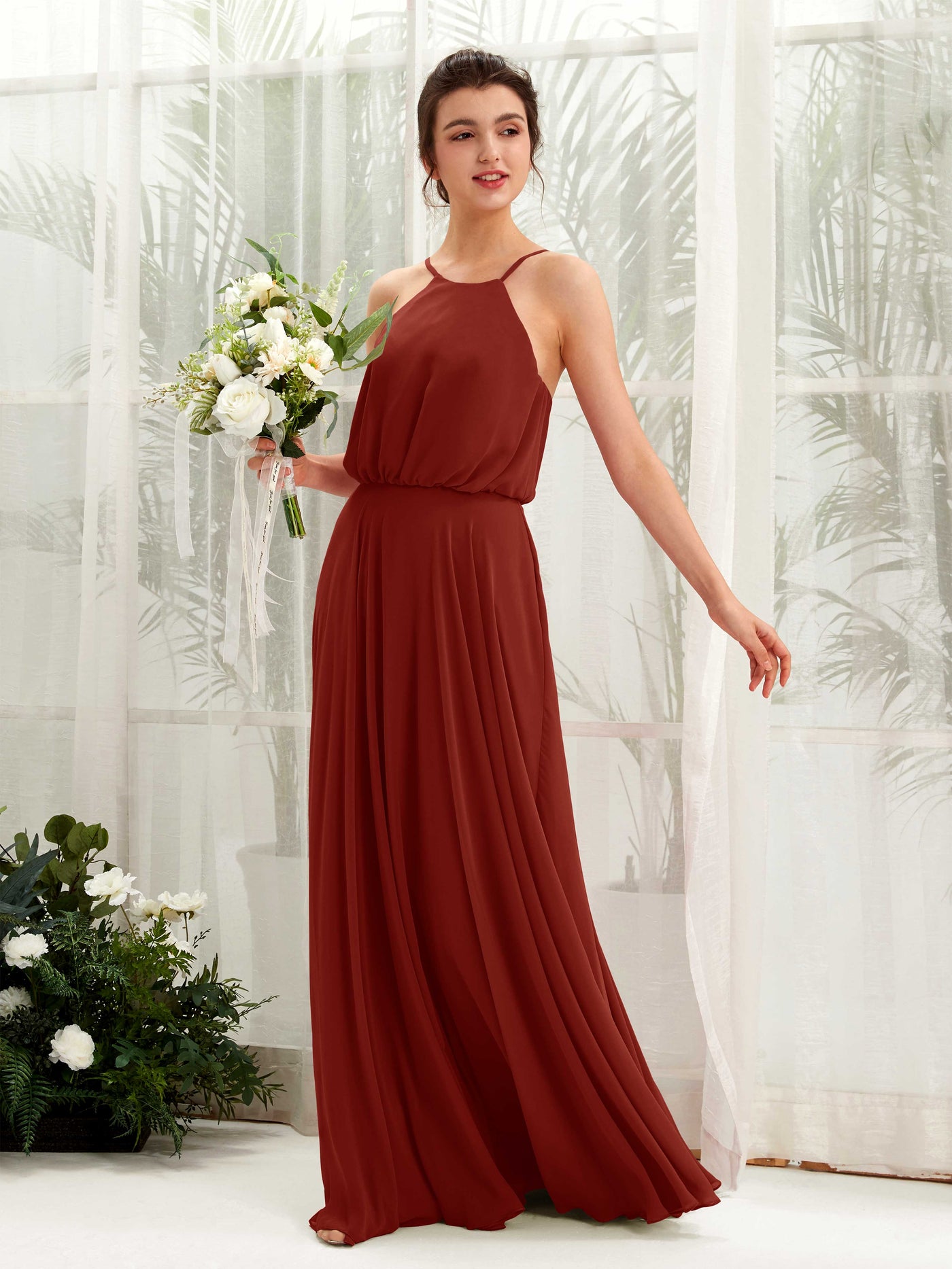 Carlyna Vestido línea A tirantes finos gasa hasta el suelo Óxido #color_xido