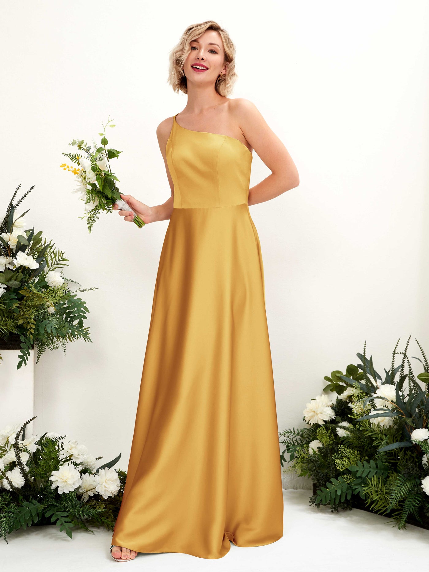 Carlyna Vestido Línea A Un Hombre Hasta el Suelo Dama de Honor Amarillo Canario #color_amarillo-canario
