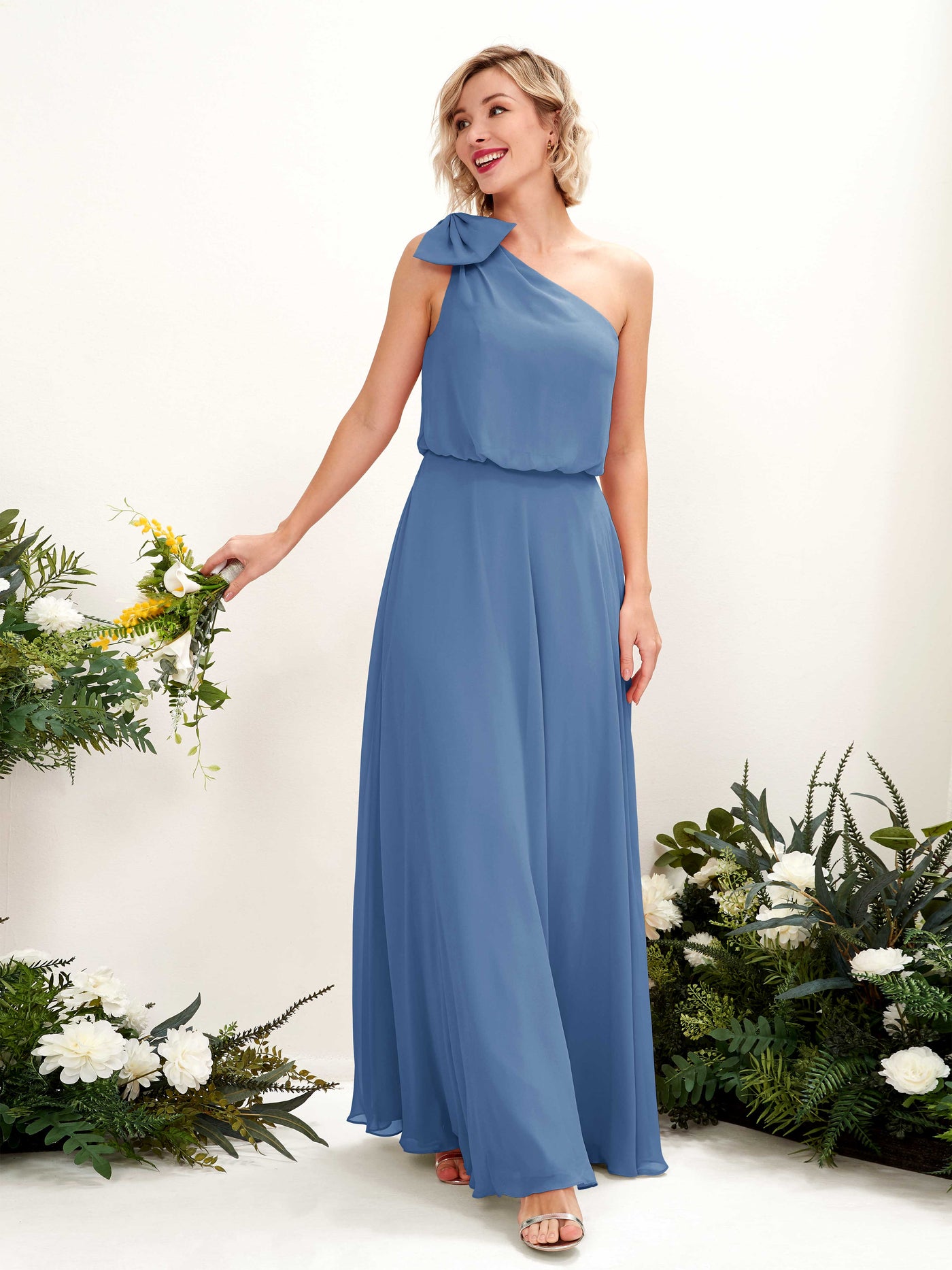 Carlyna Vestido línea A un hombre hasta el suelo dama de honor Azul polvoriento #color_azul-polvoriento