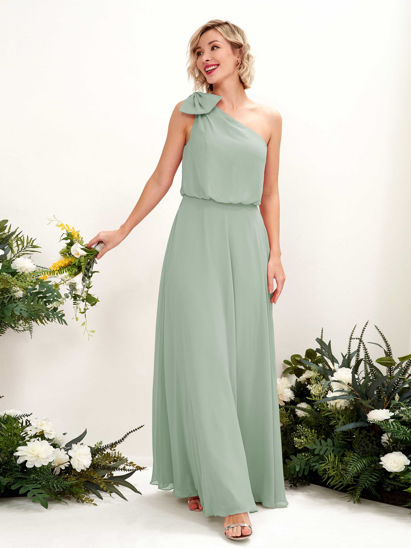 Carlyna Vestido línea A un hombre hasta el suelo dama de honor Verde Salvia #color_verde-salvia