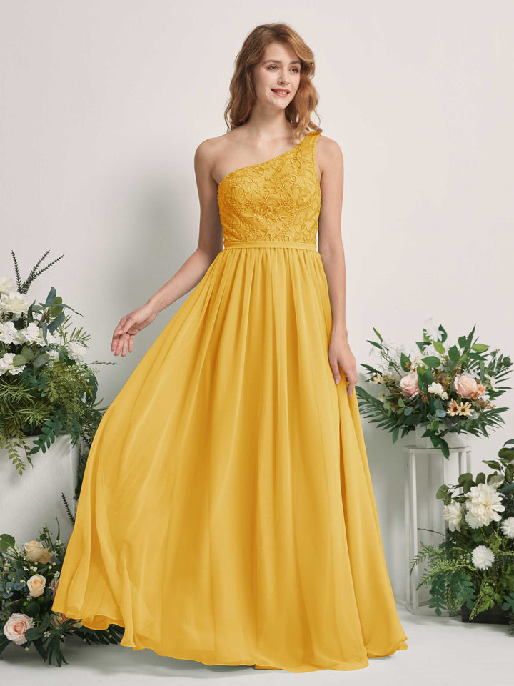 Carlyna Vestido línea A Un Hombre Hasta el suelo Gasa dama de honor Amarillo Mostaza 