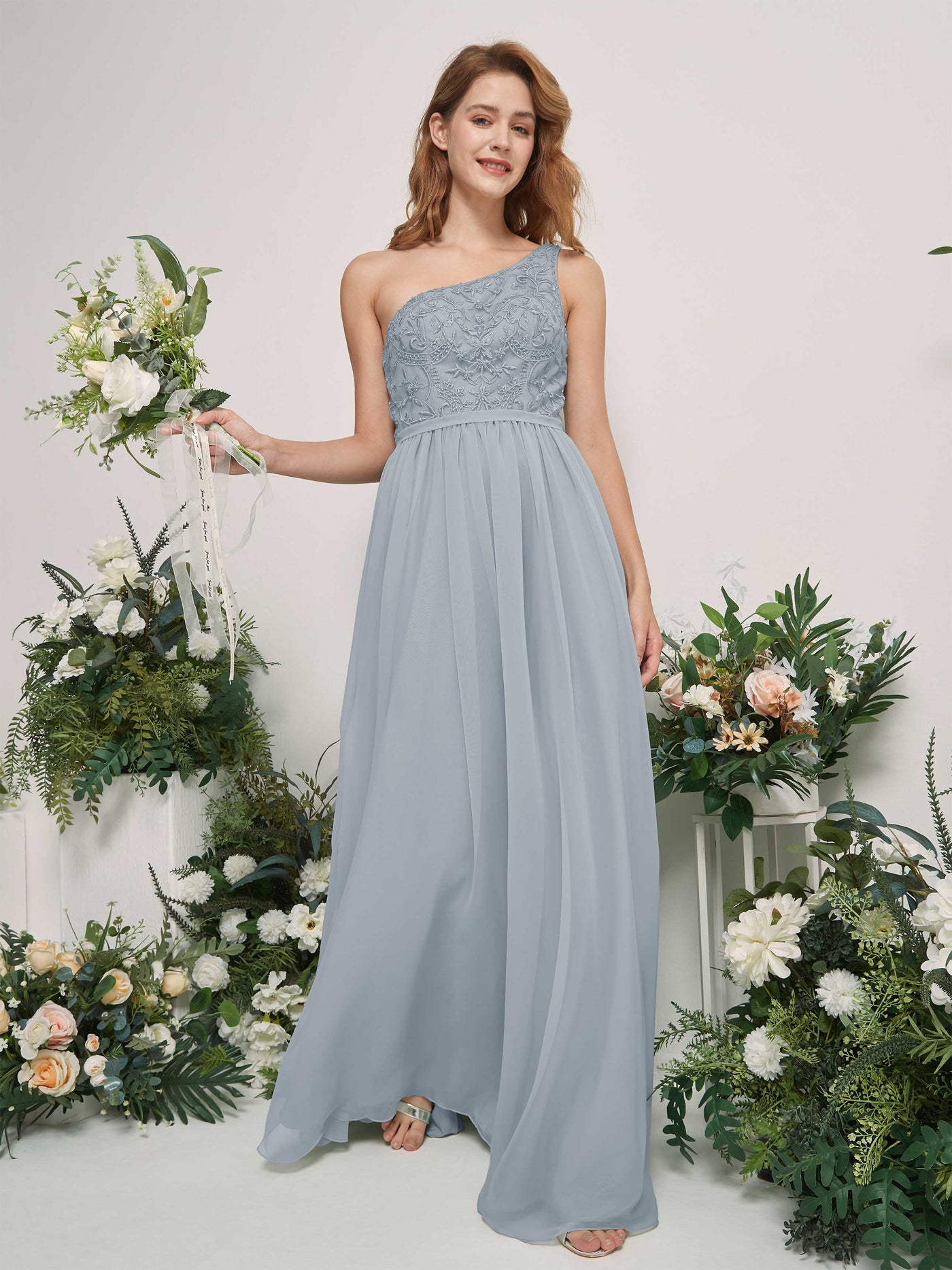 Carlyna Vestido línea A Un Hombre Hasta el suelo Gasa dama de honor Azul Empolvado Mejorado #color_azul-empolvado-mejorado