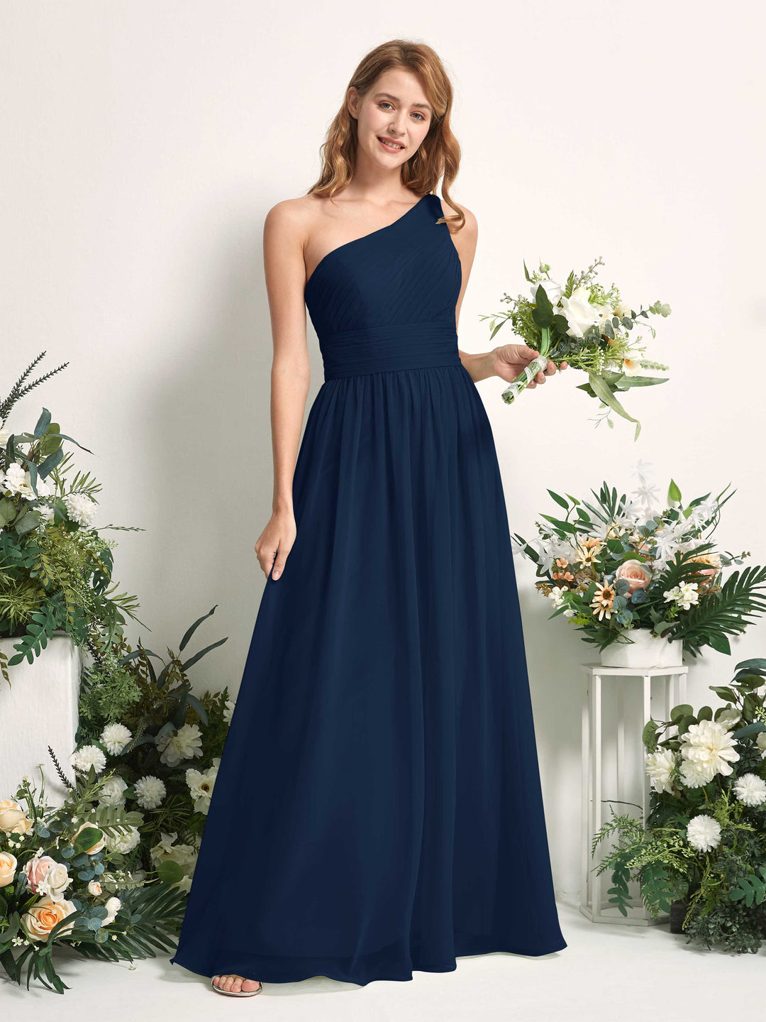 Carlyna Vestido Línea A Un Hombre Hasta el suelo Gasa Dama de honor Azul Marino 