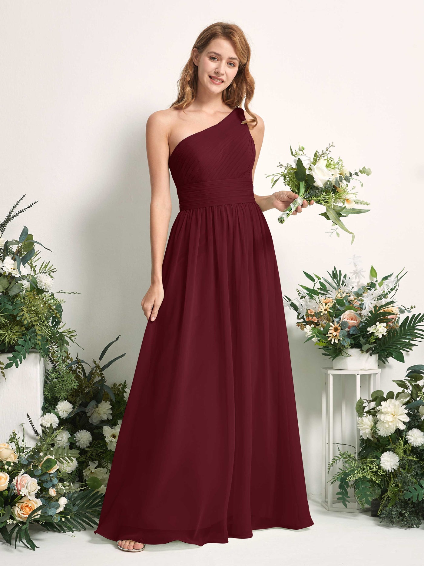 Carlyna Vestido Línea A Un Hombre Hasta el suelo Gasa Dama de honor Borgoña #color_borgo-a