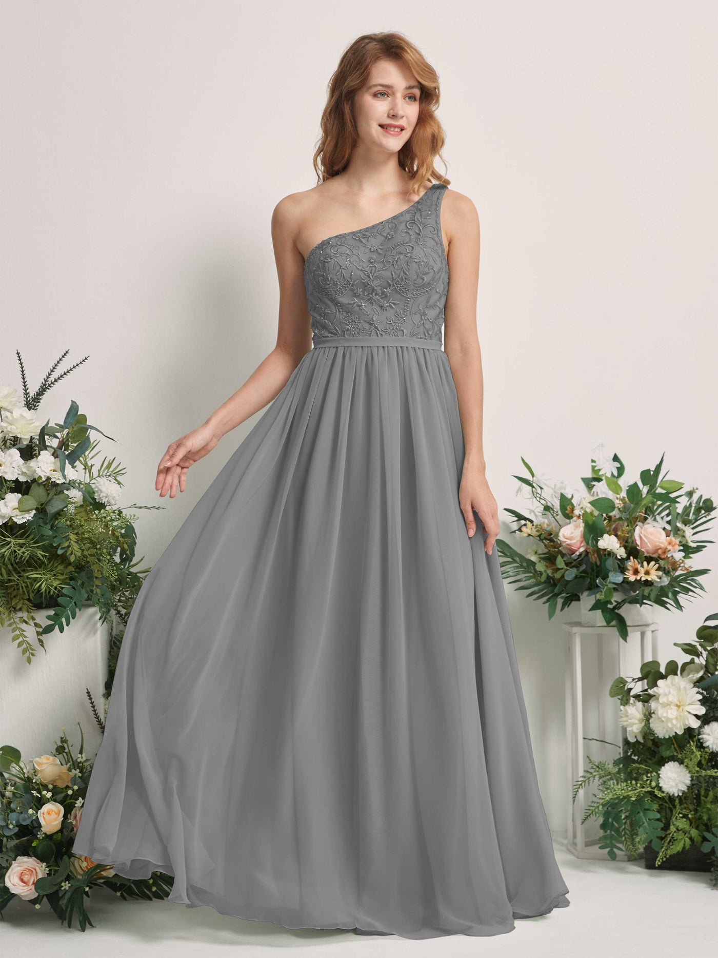 Carlyna Vestido línea A Un Hombre Hasta el suelo Gasa dama de honor Gris Acero #color_gris-acero