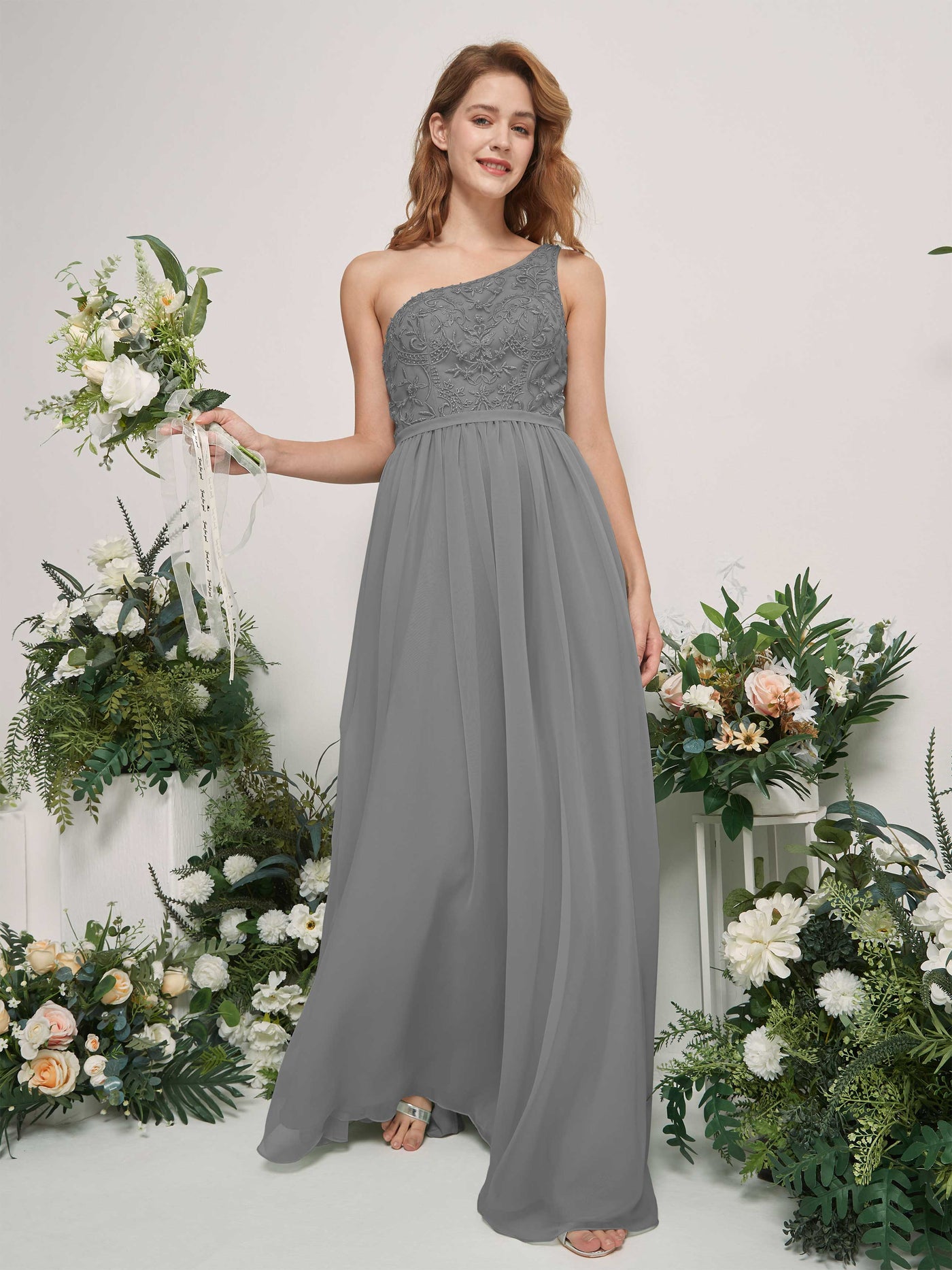 Carlyna Vestido línea A Un Hombre Hasta el suelo Gasa dama de honor Gris Acero #color_gris-acero