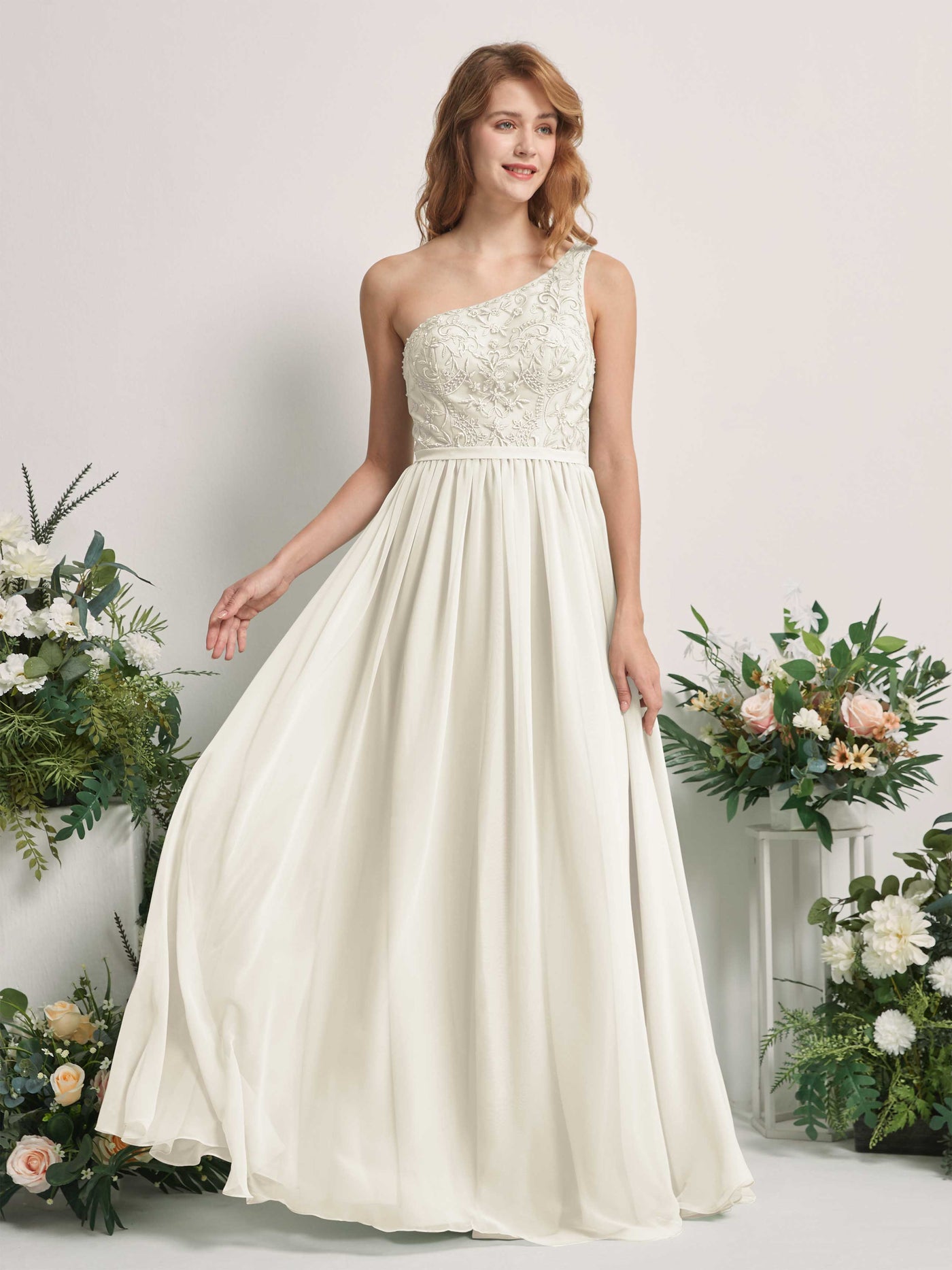 Carlyna Vestido línea A Un Hombre Hasta el suelo Gasa dama de honor Marfil #color_marfil