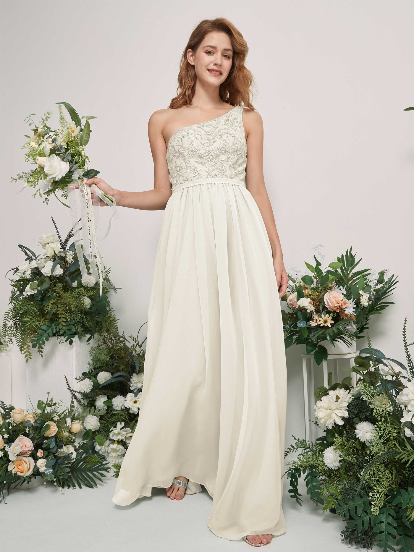 Carlyna Vestido línea A Un Hombre Hasta el suelo Gasa dama de honor Marfil #color_marfil
