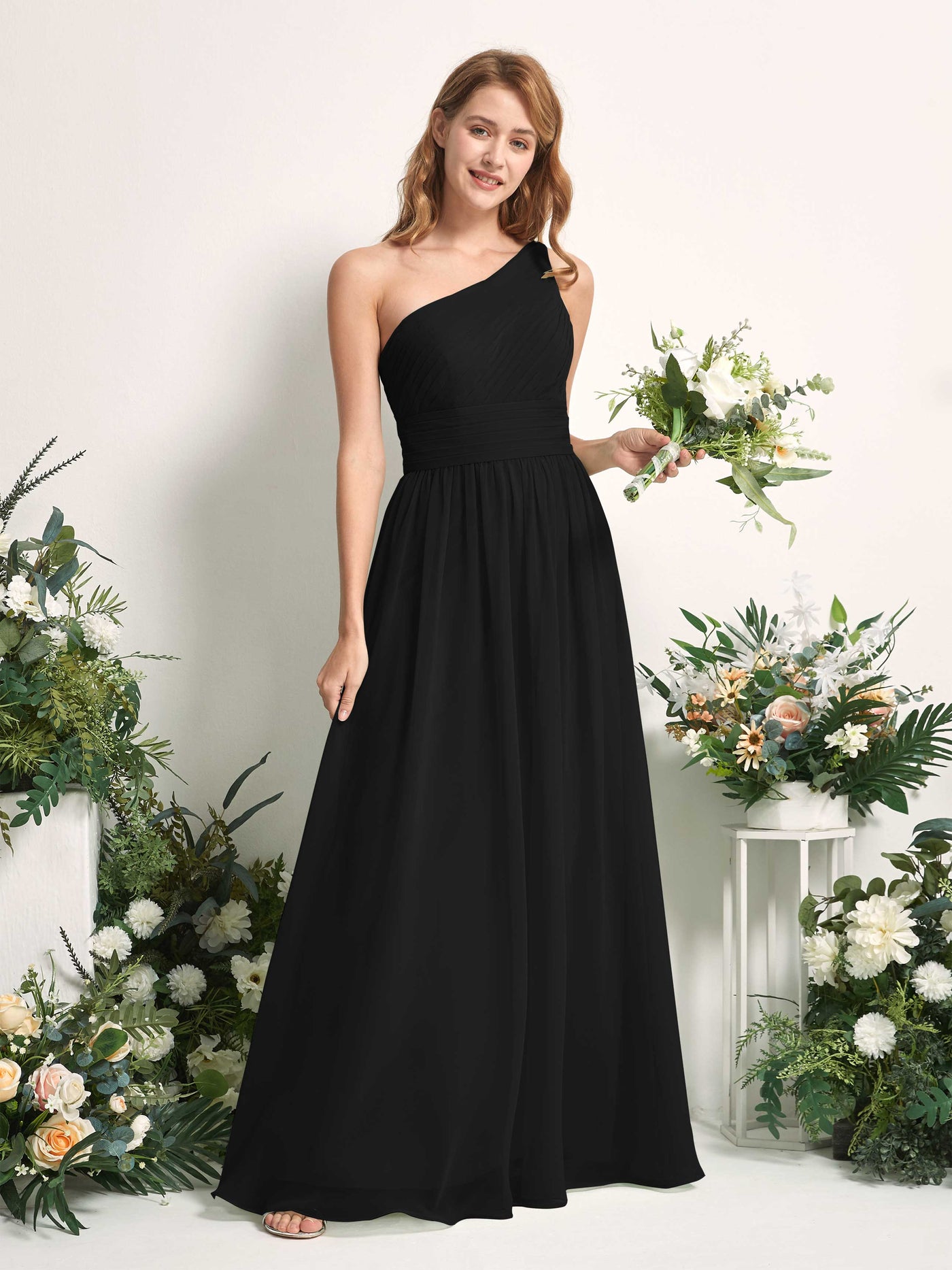 Carlyna Vestido Línea A Un Hombre Hasta el suelo Gasa Dama de honor Negro #color_negro