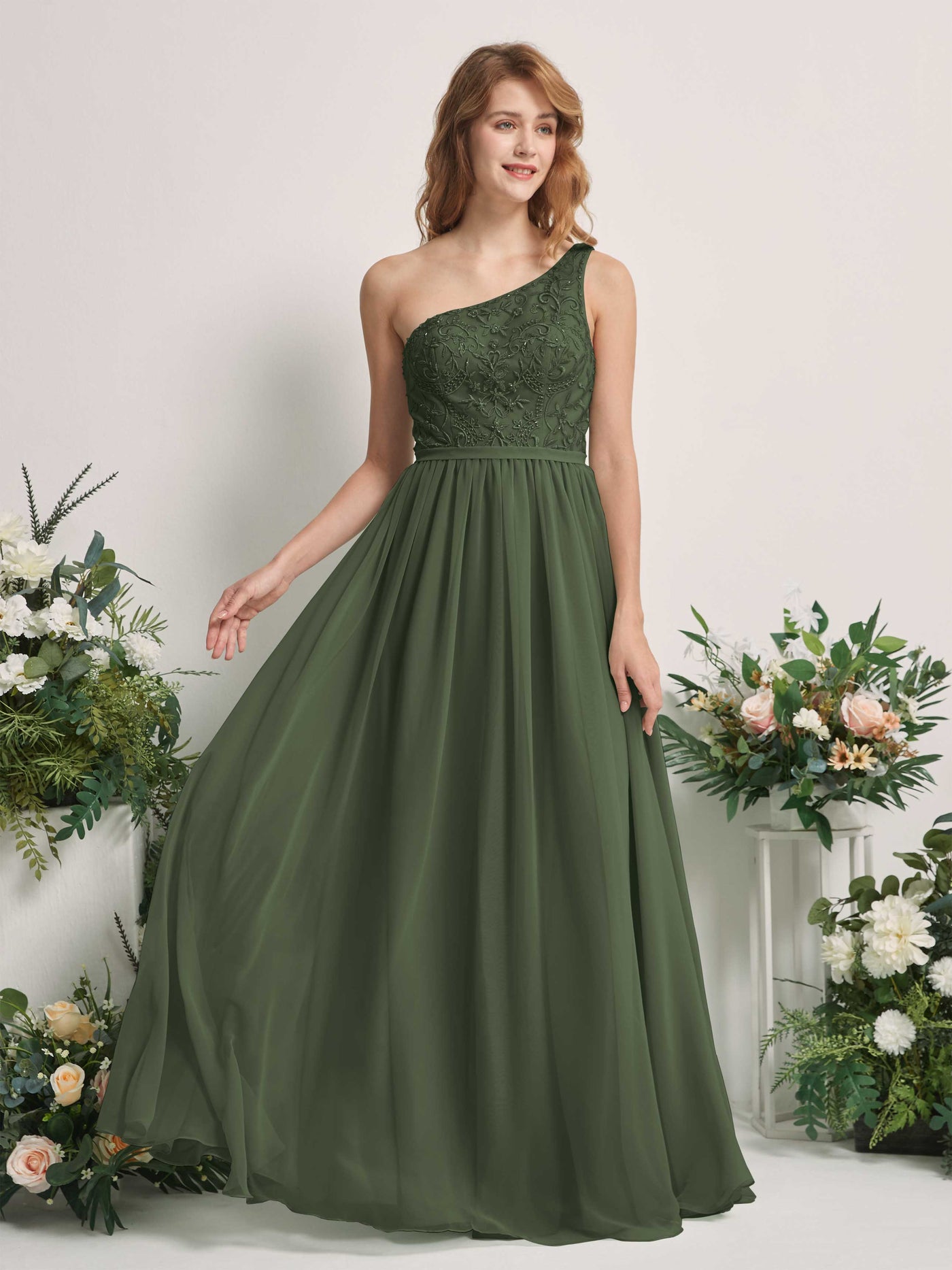 Carlyna Vestido línea A Un Hombre Hasta el suelo Gasa dama de honor Oliva Martini #color_oliva-martini
