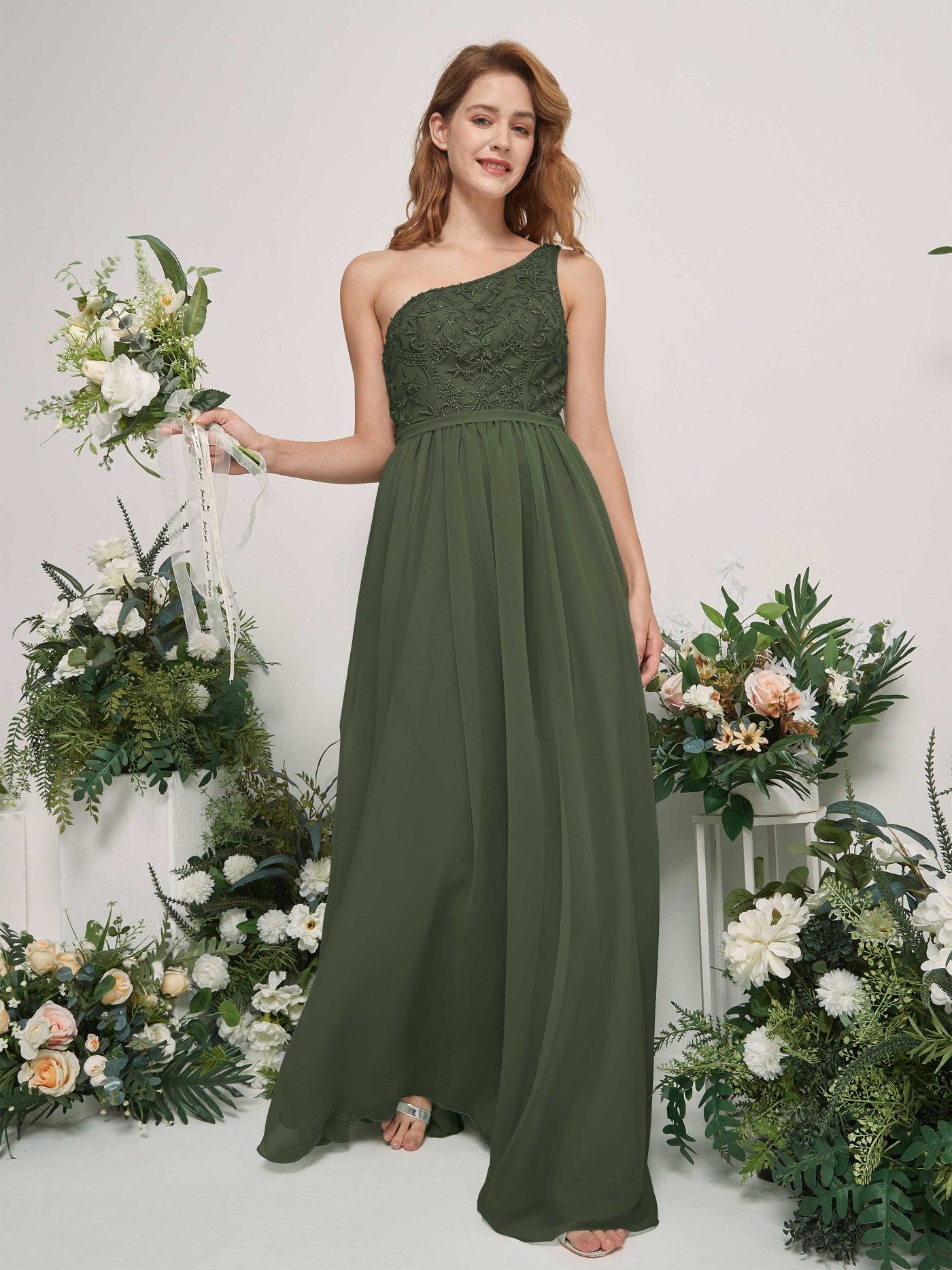 Carlyna Vestido línea A Un Hombre Hasta el suelo Gasa dama de honor Oliva Martini #color_oliva-martini