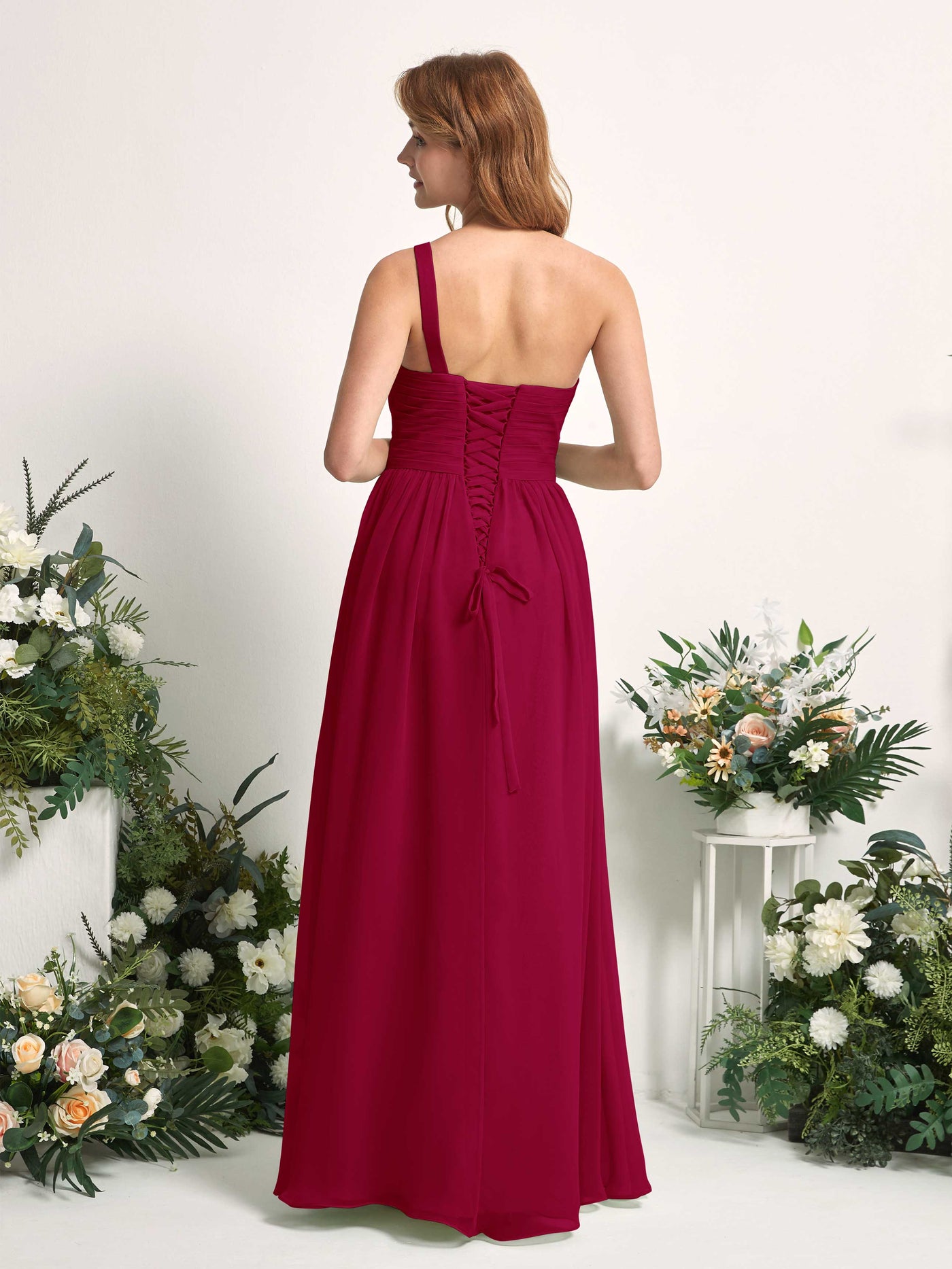 Carlyna Vestido Línea A Un Hombre Hasta el suelo Gasa Dama de honor Rojo Bufón #color_rojo-buf-n