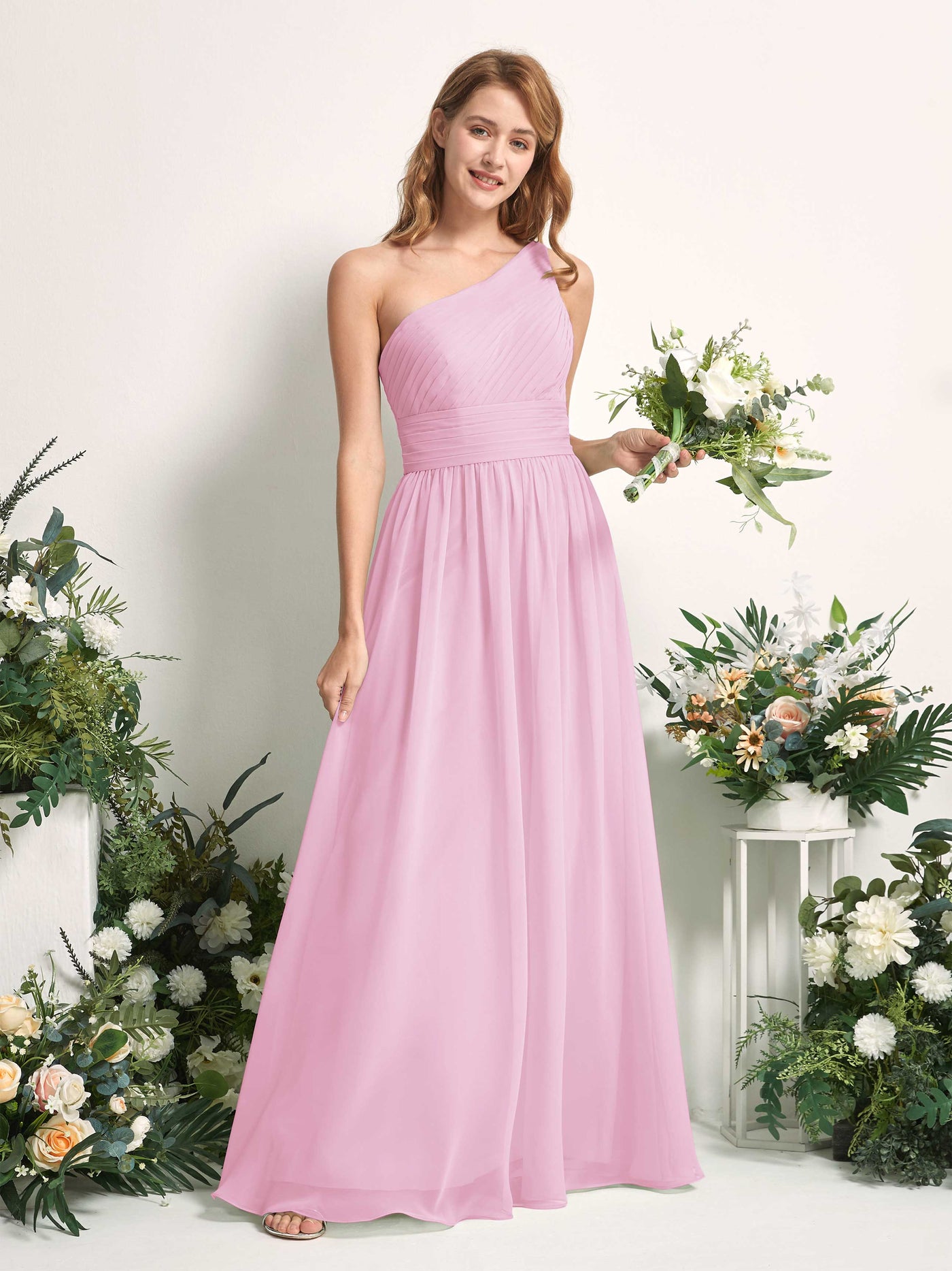 Carlyna Vestido Línea A Un Hombre Hasta el suelo Gasa Dama de honor Rosa Caramelo #color_rosa-caramelo