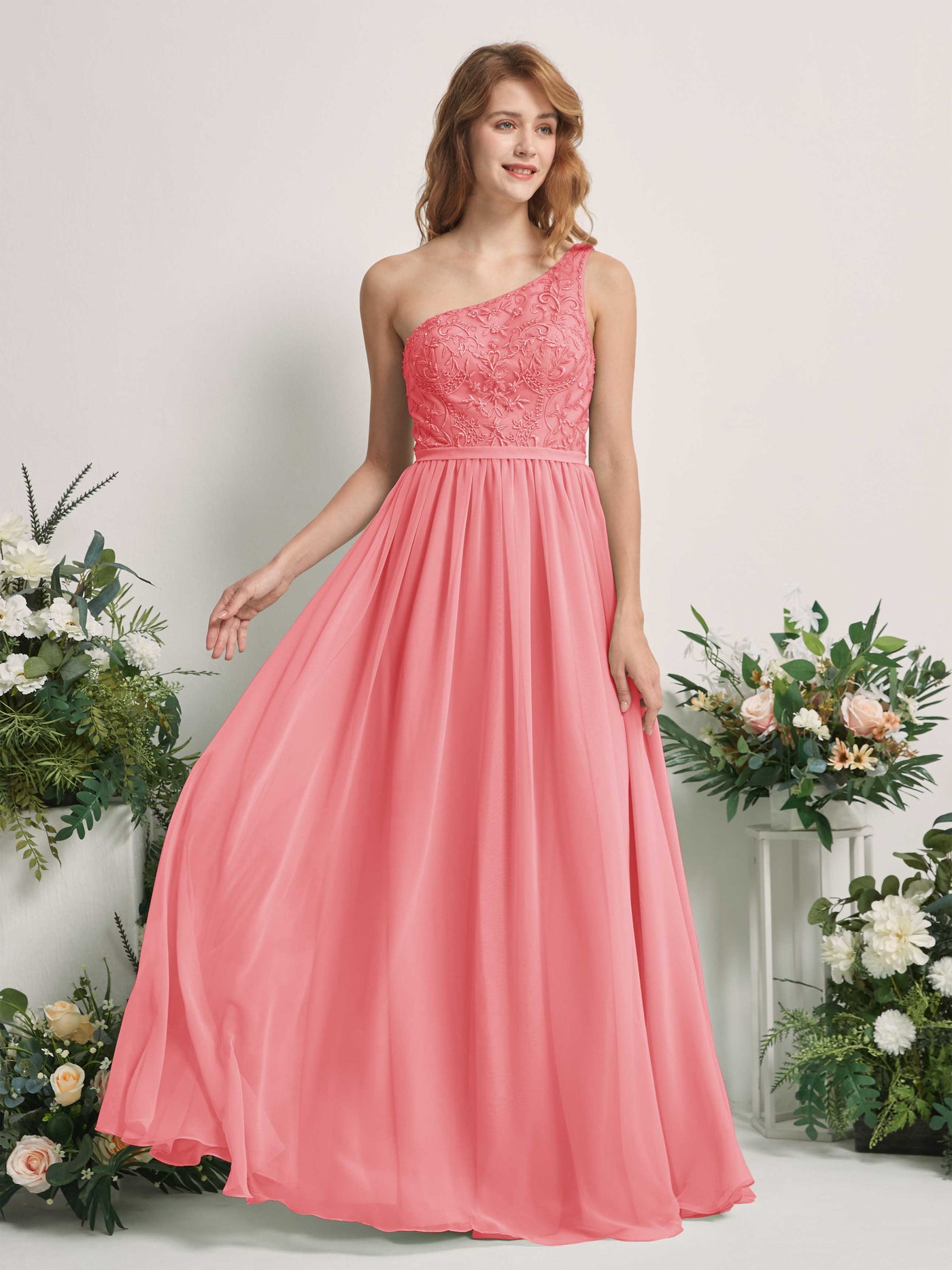 Carlyna Vestido línea A Un Hombre Hasta el suelo Gasa dama de honor Rosa Coral #color_rosa-coral