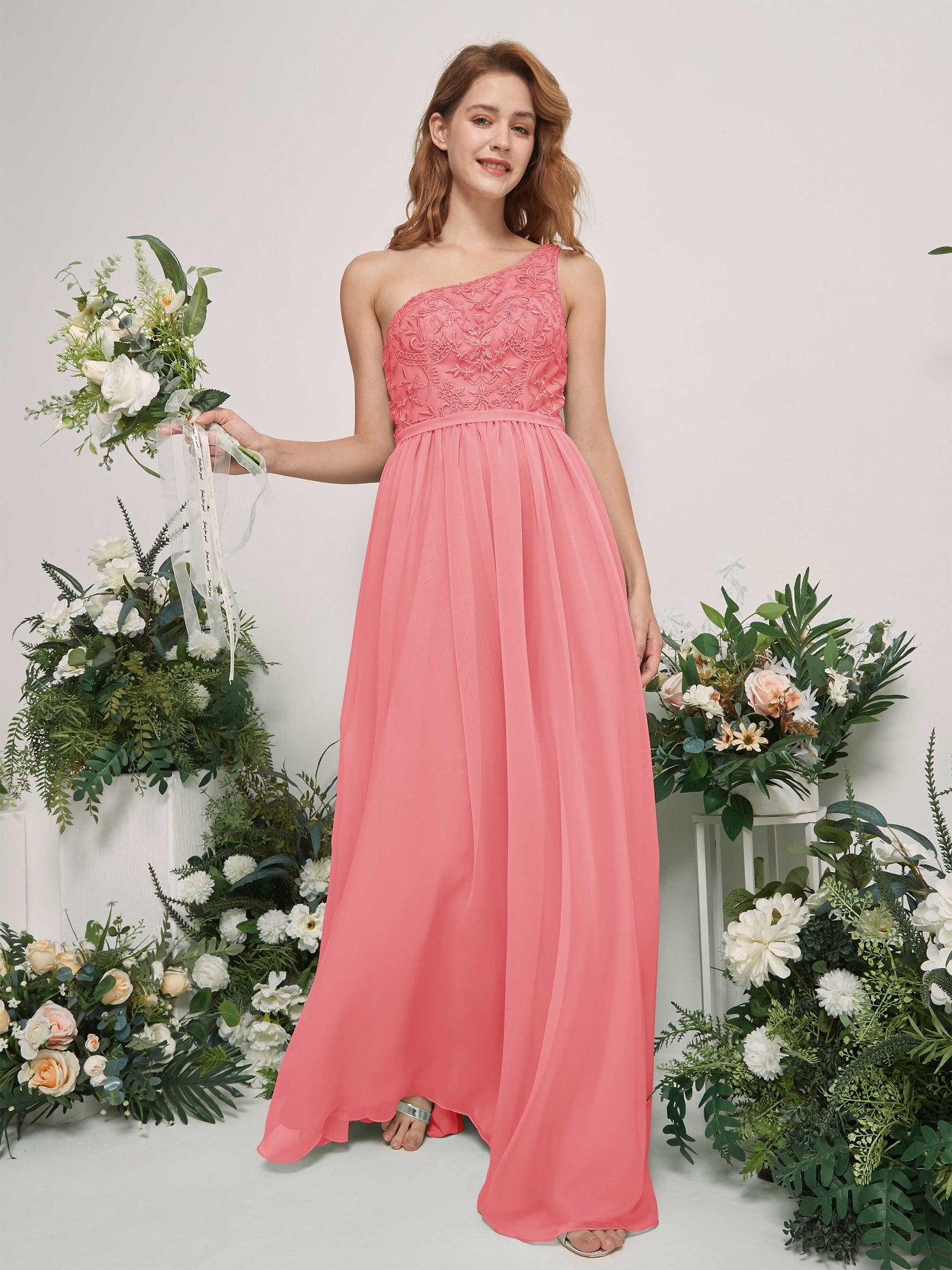 Carlyna Vestido línea A Un Hombre Hasta el suelo Gasa dama de honor Rosa Coral #color_rosa-coral
