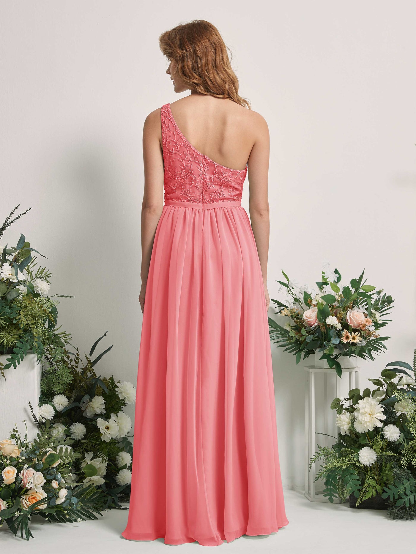 Carlyna Vestido línea A Un Hombre Hasta el suelo Gasa dama de honor Rosa Coral #color_rosa-coral