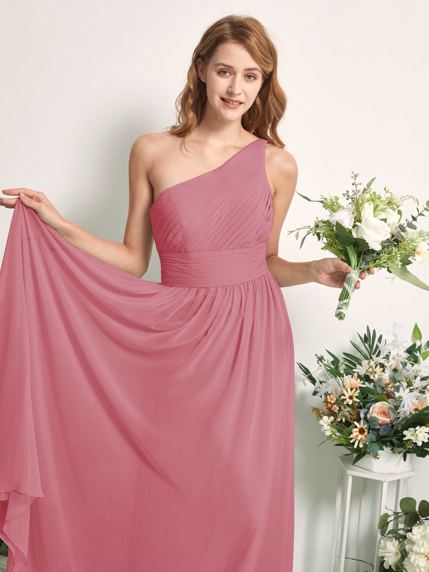Carlyna Vestido Línea A Un Hombre Hasta el suelo Gasa Dama de honor Rosa Del Desierto #color_rosa-del-desierto