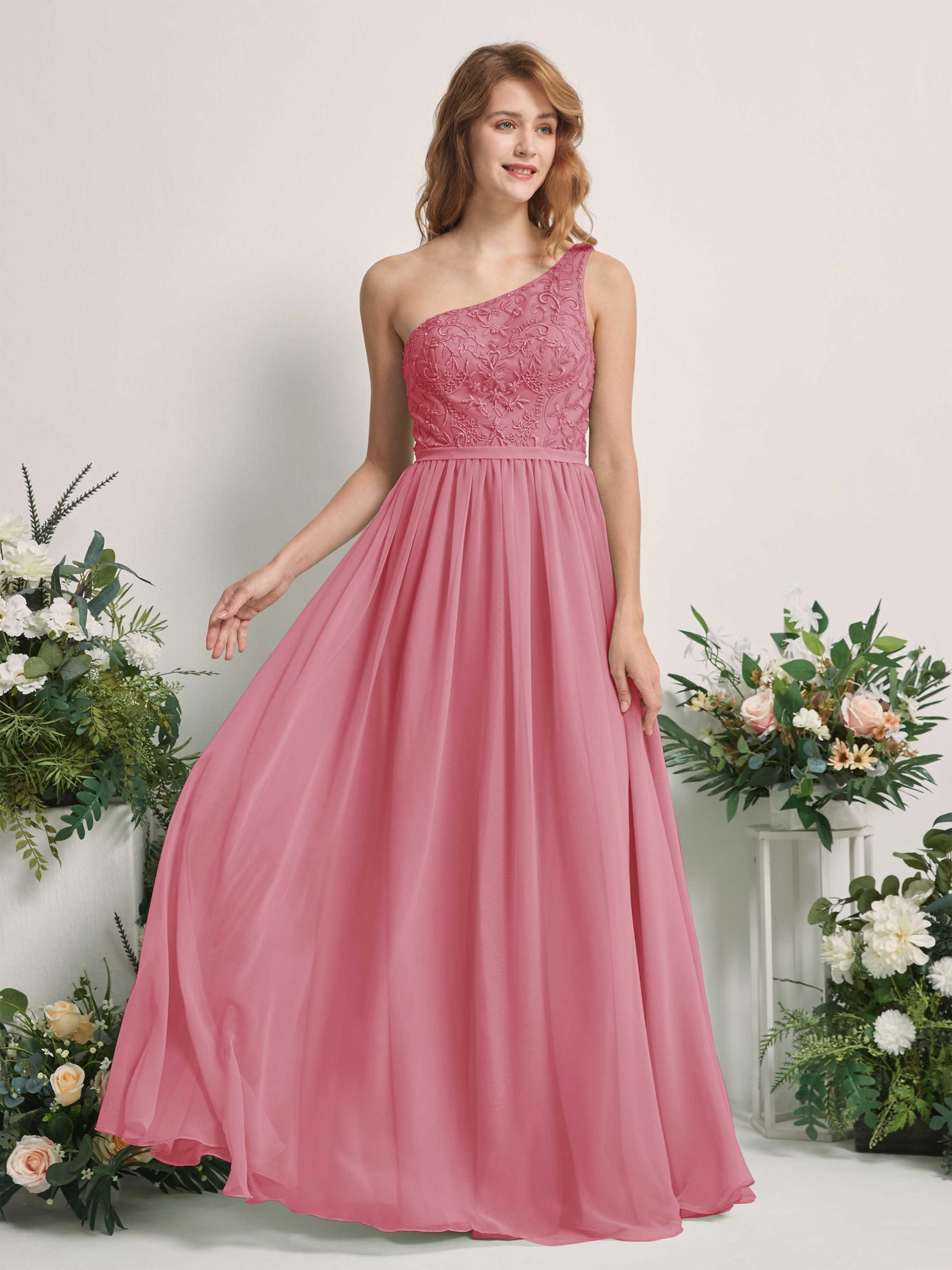 Carlyna Vestido línea A Un Hombre Hasta el suelo Gasa dama de honor Rosa Del Desierto #color_rosa-del-desierto