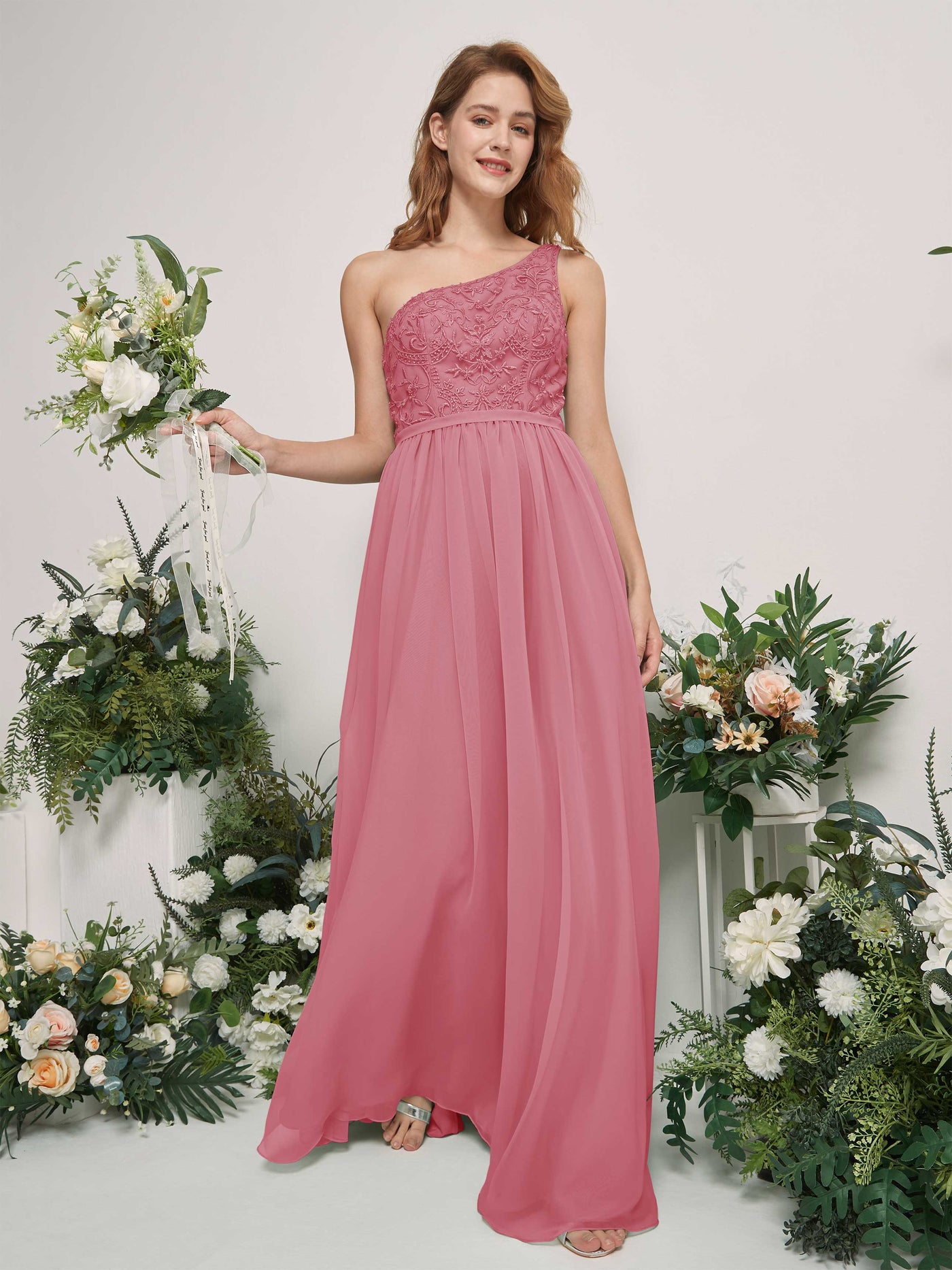 Carlyna Vestido línea A Un Hombre Hasta el suelo Gasa dama de honor Rosa Del Desierto #color_rosa-del-desierto