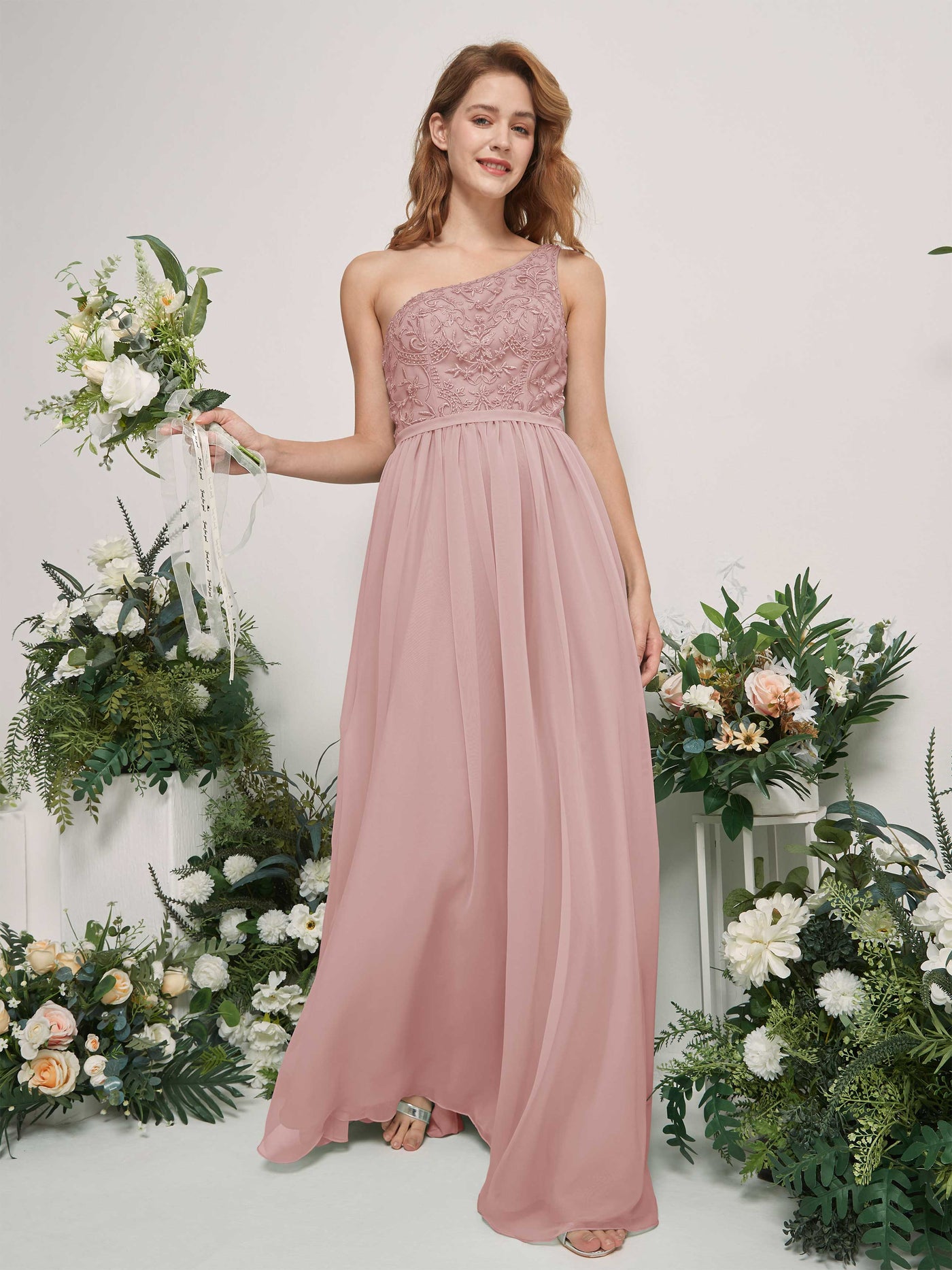 Carlyna Vestido línea A Un Hombre Hasta el suelo Gasa dama de honor Rosa Polvorienta #color_rosa-polvorienta