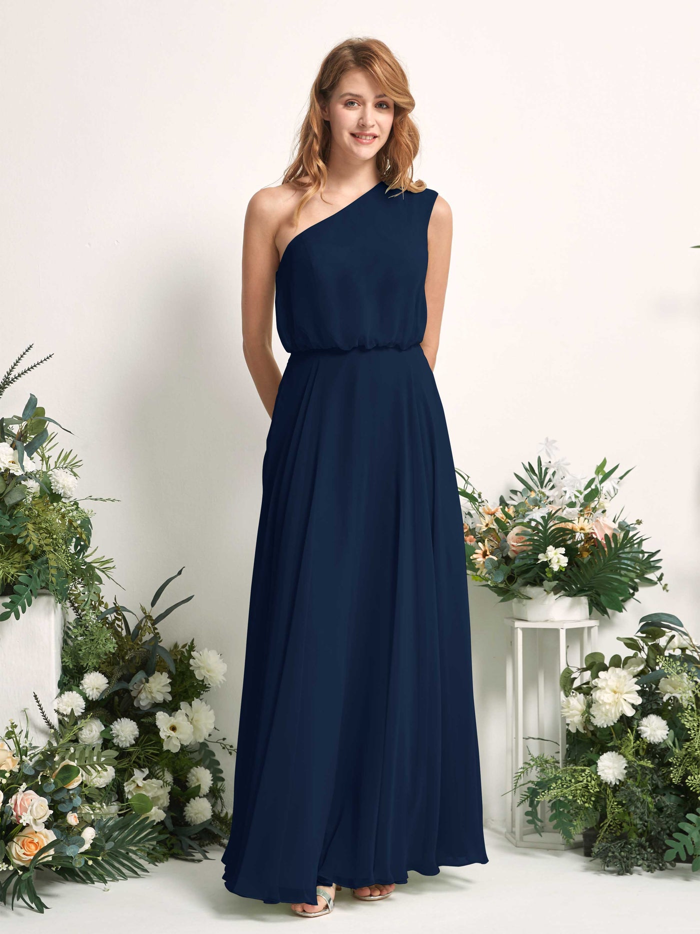 Carlyna Vestido Línea A Un Hombre Hasta el Suelo Vestidos de Dama de Honor Azul Marino #color_azul-marino