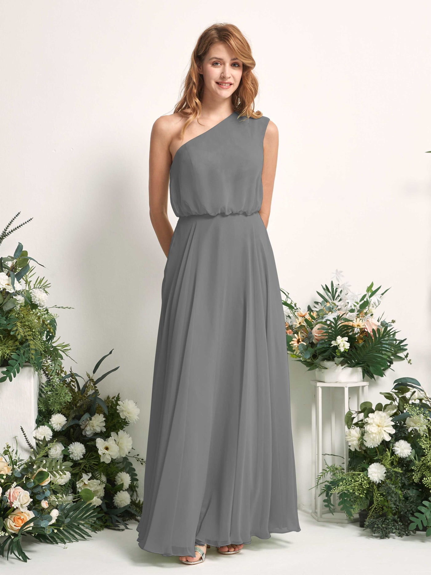 Carlyna Vestido Línea A Un Hombre Hasta el Suelo Vestidos de Dama de Honor Gris Acero #color_gris-acero
